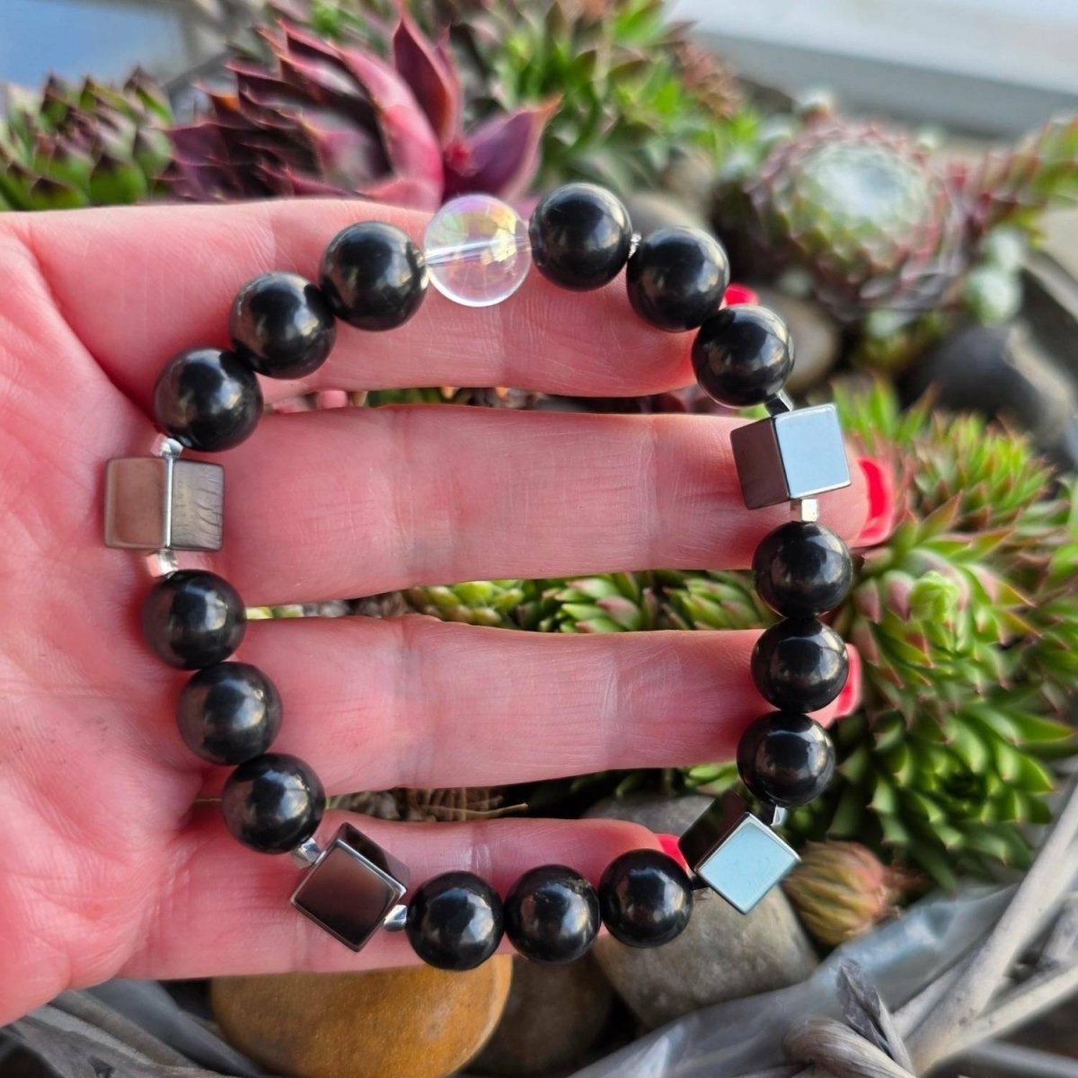 Armband Schungit, Hämatit & Angel Aura - bei Elektrosmog - PRANA Edelsteine – Handgefertigter Edelsteinschmuck