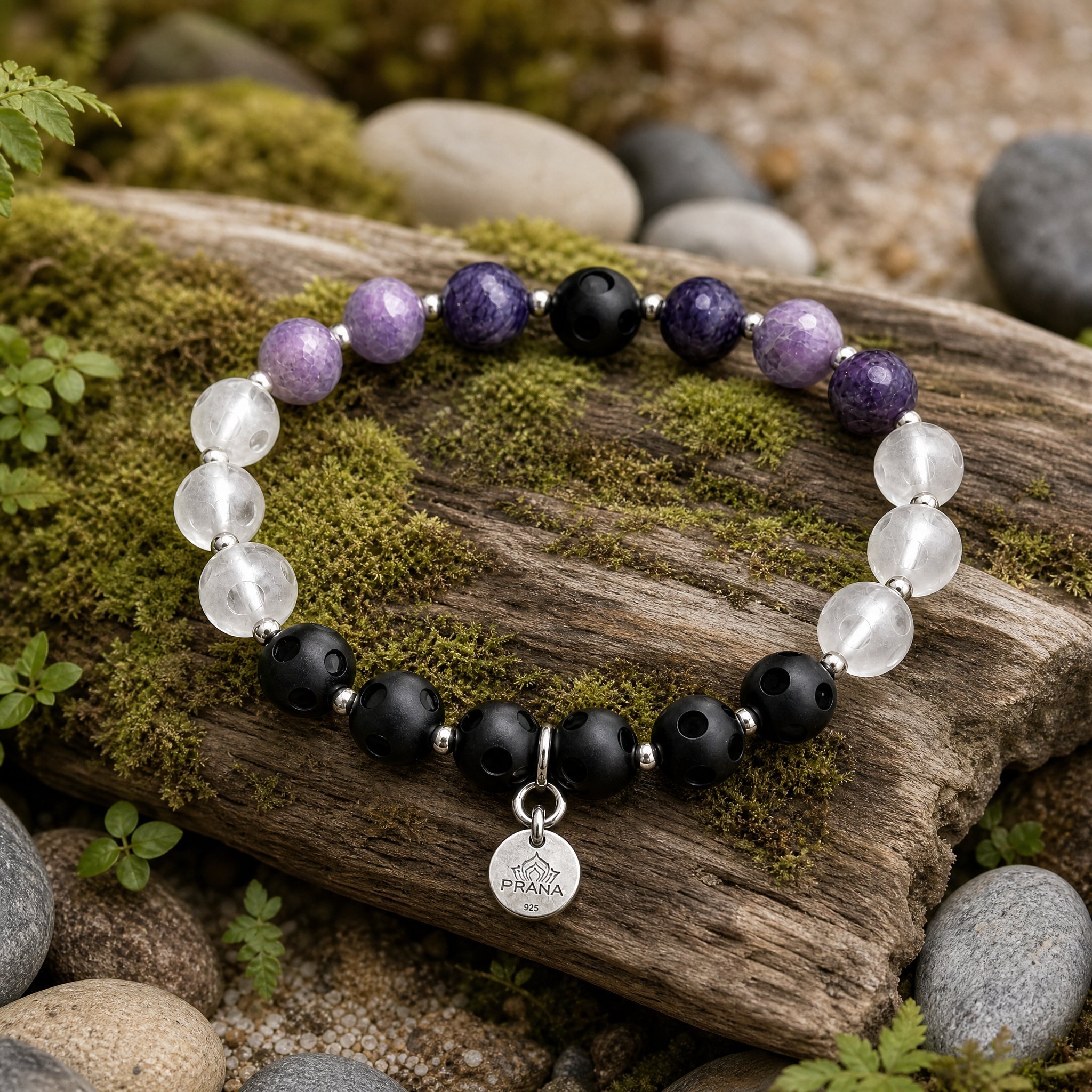 AVALON — Onyx, Bergkristall, Sugilit & Charoit - PRANA Edelsteine – Handgefertigter Edelsteinschmuck