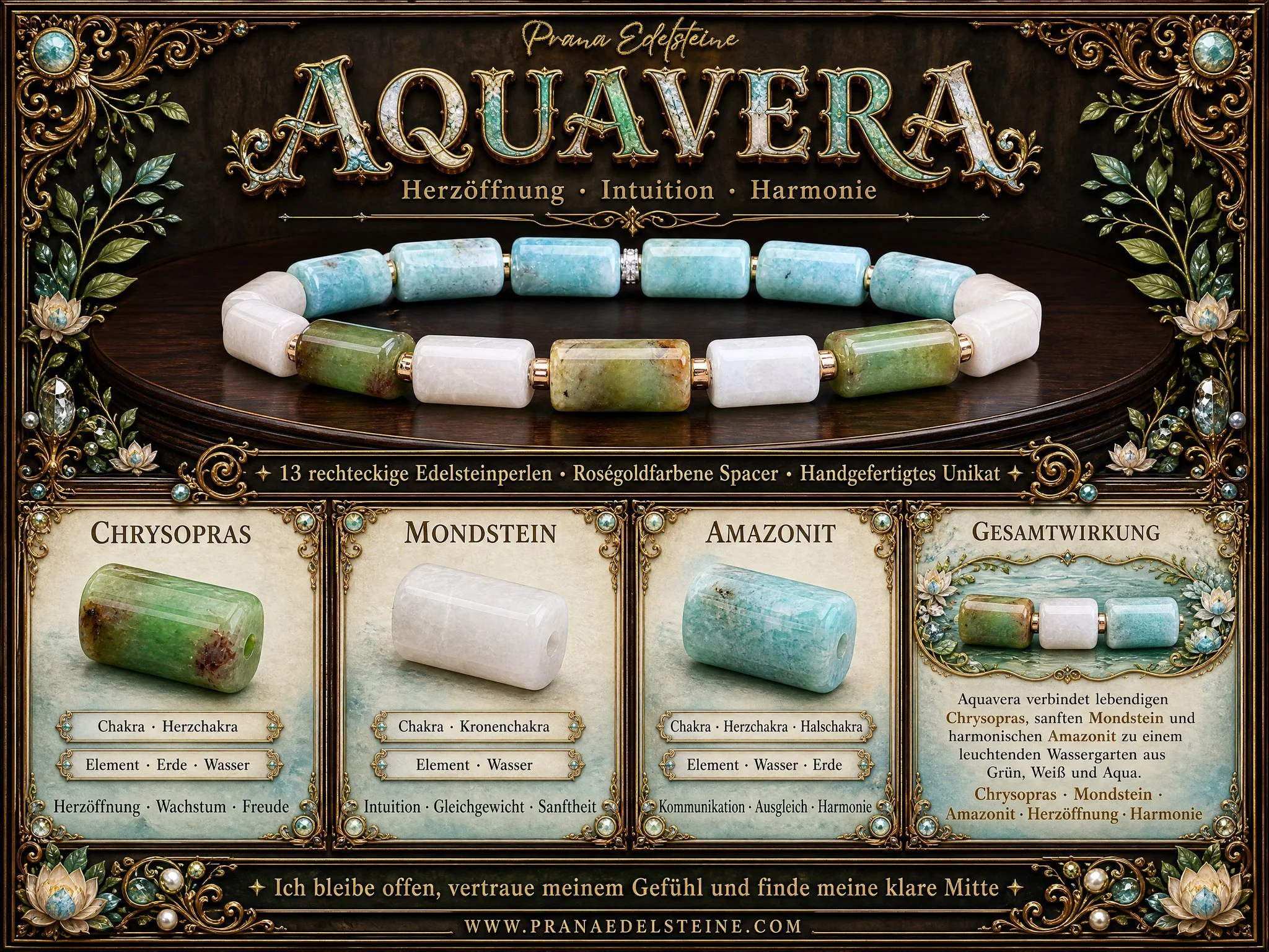 AQUAVERA - Harmonie für Herz & Seele Amazonit, Chrysopras & Mondstein Armband - PRANA Edelsteine – Handgefertigter Edelsteinschmuck