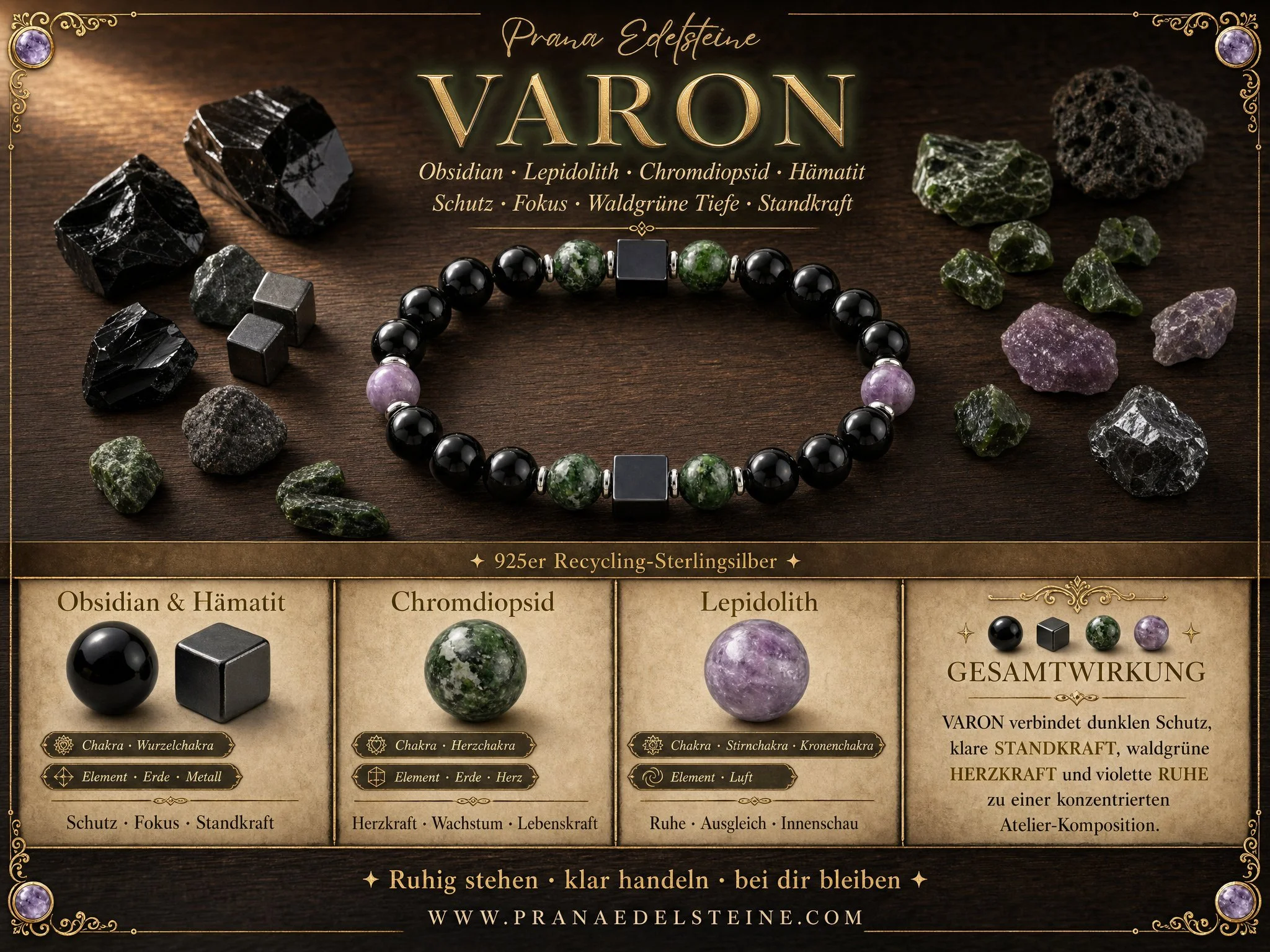 VARON · Obsidian · Chromdiopsid · Lepidolith · Hämatit Würfel · 925 Silber - PRANA Edelsteine – Handgefertigter Edelsteinschmuck