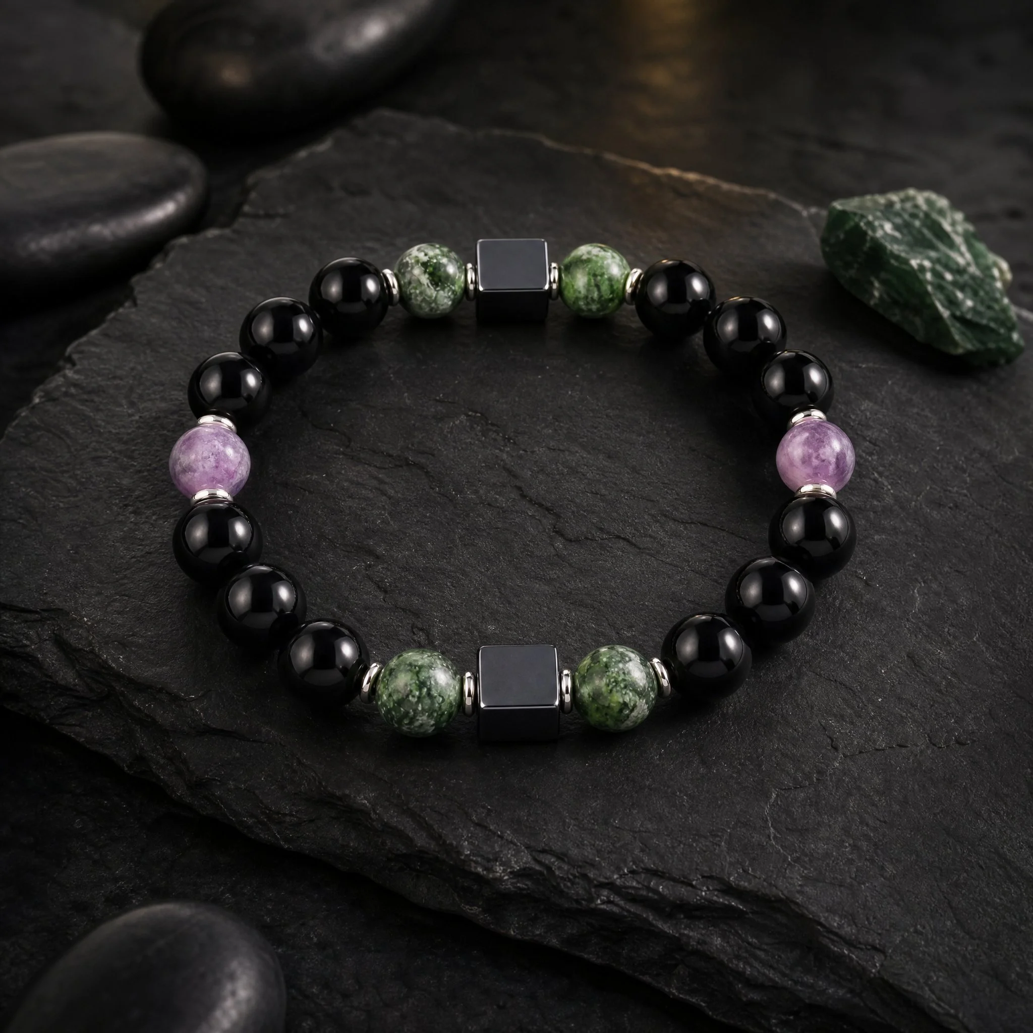 VARON · Obsidian · Chromdiopsid · Lepidolith · Hämatit Würfel · 925 Silber - PRANA Edelsteine – Handgefertigter Edelsteinschmuck