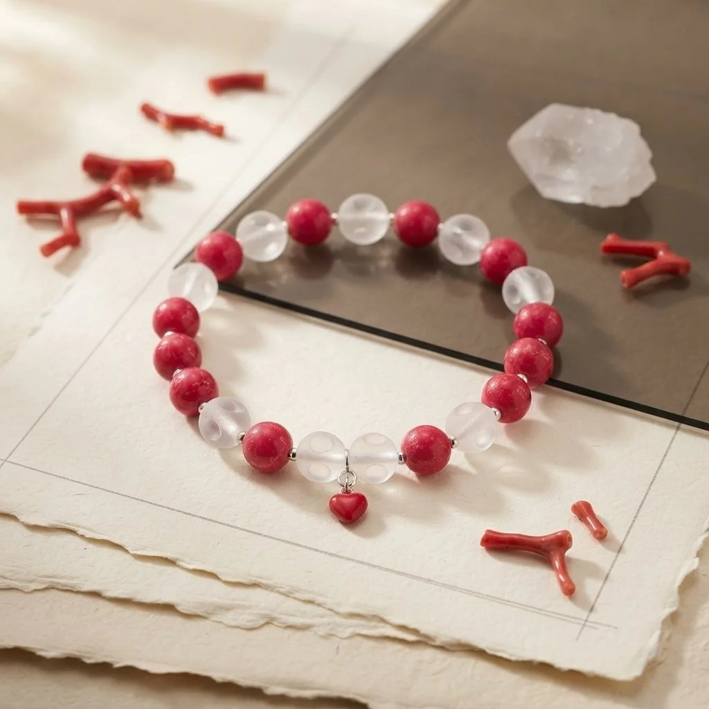 VERAMOR - "Klarheit des Herzens" - Bergkristall & Rote Koralle mit 925er Silber - PRANA Edelsteine – Handgefertigter Edelsteinschmuck