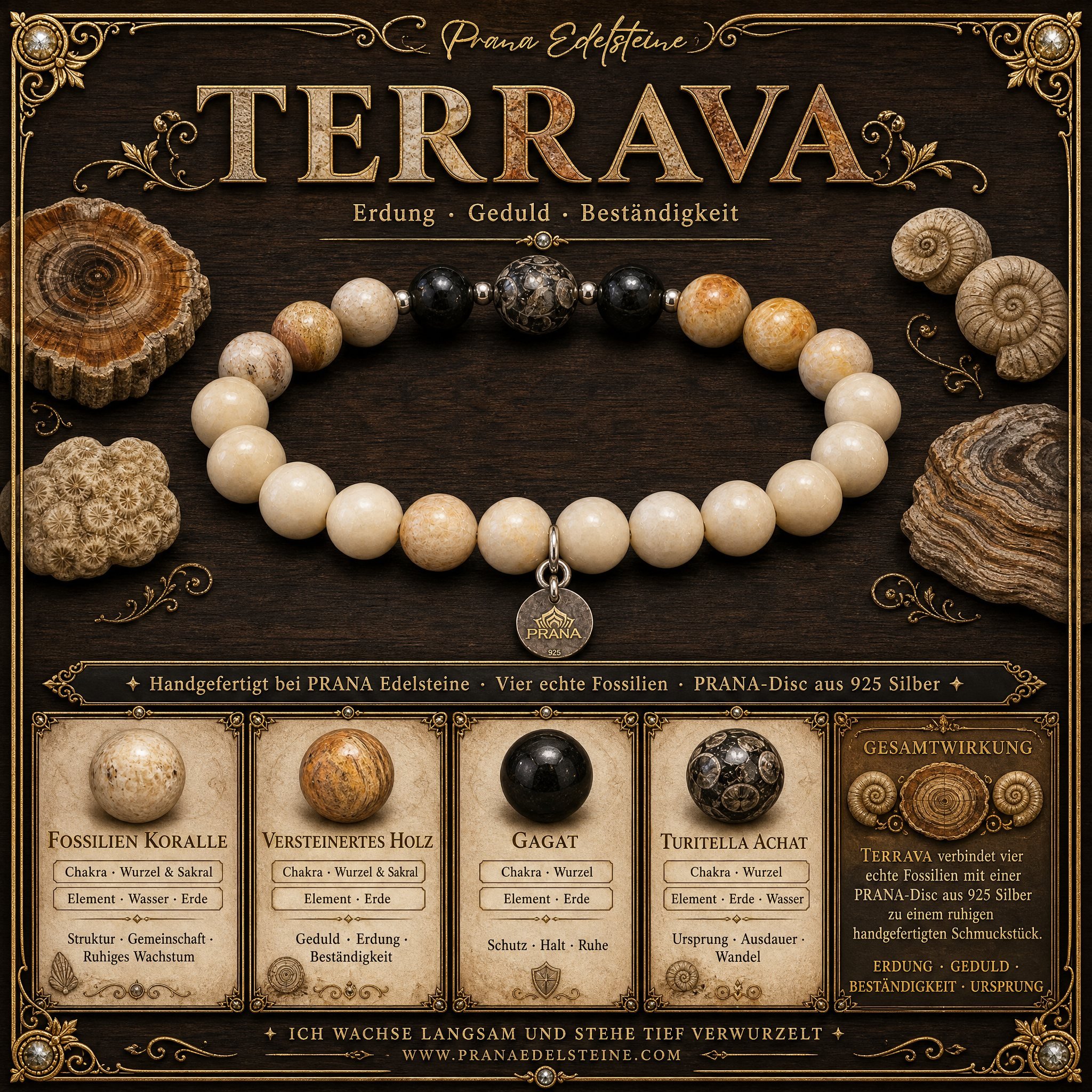 TERRAVA - "Wurzeln der Erde" | Schutz & Stabilität | Versteinertes Holz, Gagat, Turitella Achat, Fossilkoralle | 925 Silber - PRANA Edelsteine – Handgefertigter Edelsteinschmuck
