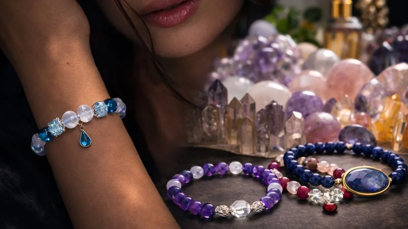 Handgefertigtes PRANA Edelsteinarmband mit mattem Bergkristall, Angel Aura, blauem Murano Glas, Blautopas-Anhänger und 925 Silber am Handgelenk einer Frau, im Hintergrund dekorative Mineralien und Kristalle in luxuriöser Atelier-Atmosphäre.