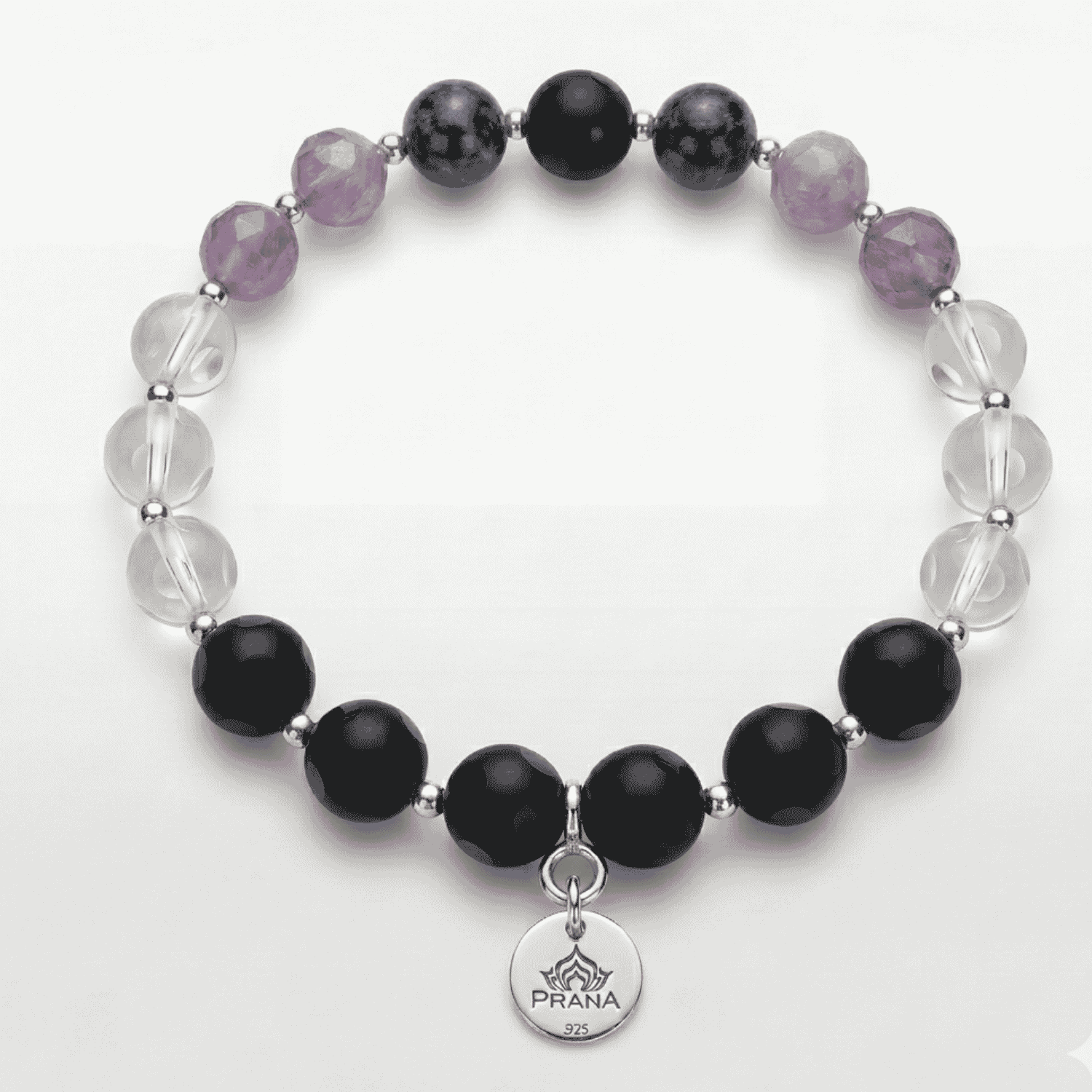 Armband mit Onyx, Bergkristall, Sugilit und Charoit aus 925 Silber – handgefertigt von PRANA Edelsteine