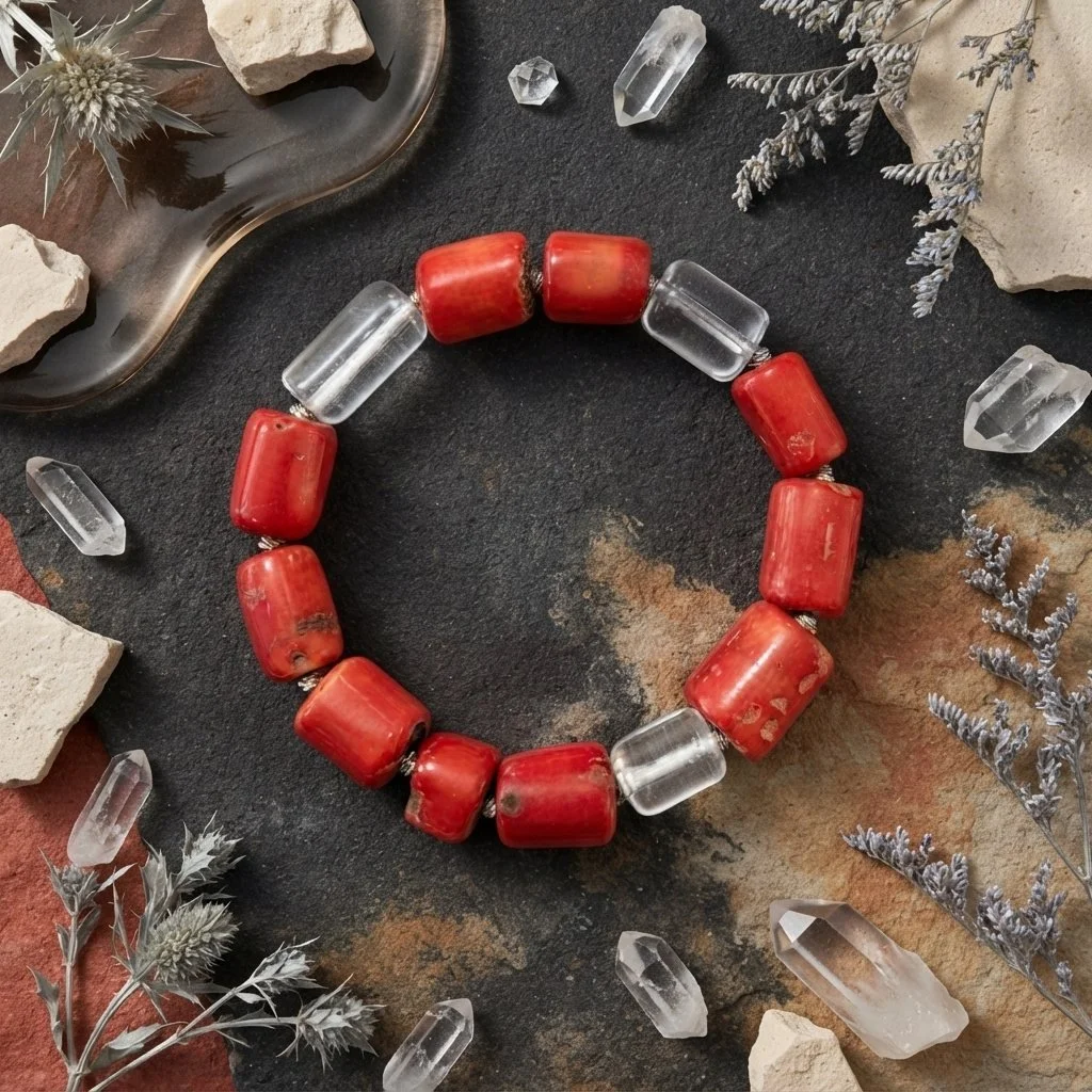 CORALLÉA – Armband mit roter Koralle & Bergkristall