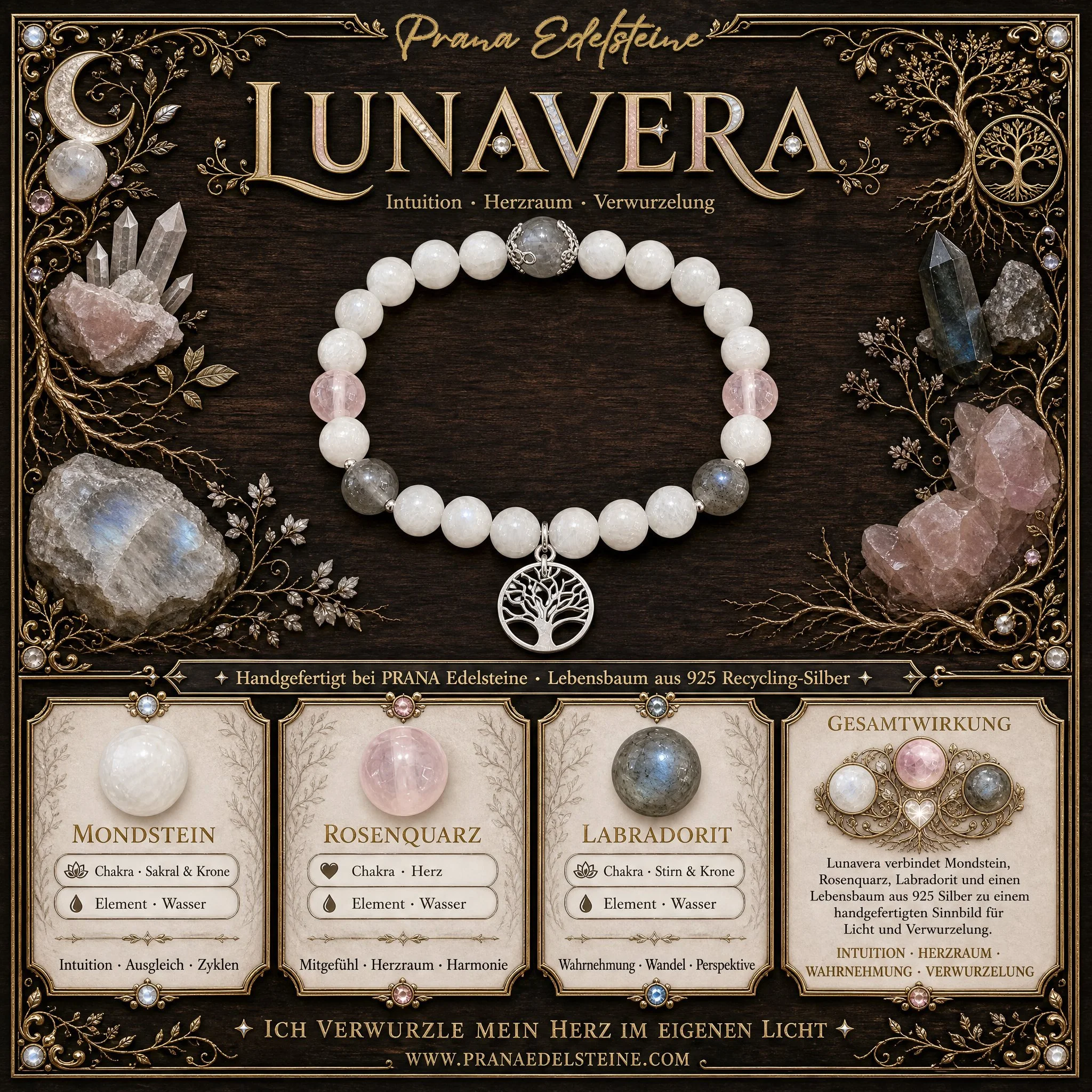 LUNAVERA - Baum des Lichts – Armband mit Mondstein, Labradorit & Rosenquarz (925 Silber) - PRANA Edelsteine – Handgefertigter Edelsteinschmuck