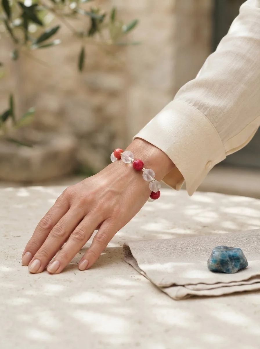VERAMOR - "Klarheit des Herzens" - Bergkristall & Rote Koralle mit 925er Silber - PRANA Edelsteine – Handgefertigter Edelsteinschmuck