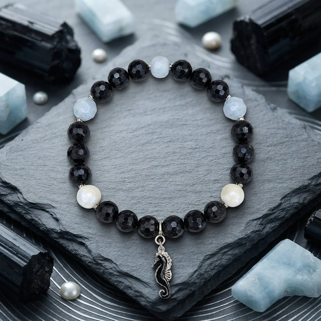 NEREIDA - Turmalin & Perlen Armband mit emailliertem Seepferdchen | Schutz • Reinheit • Lebensfreude - PRANA Edelsteine – Handgefertigter Edelsteinschmuck