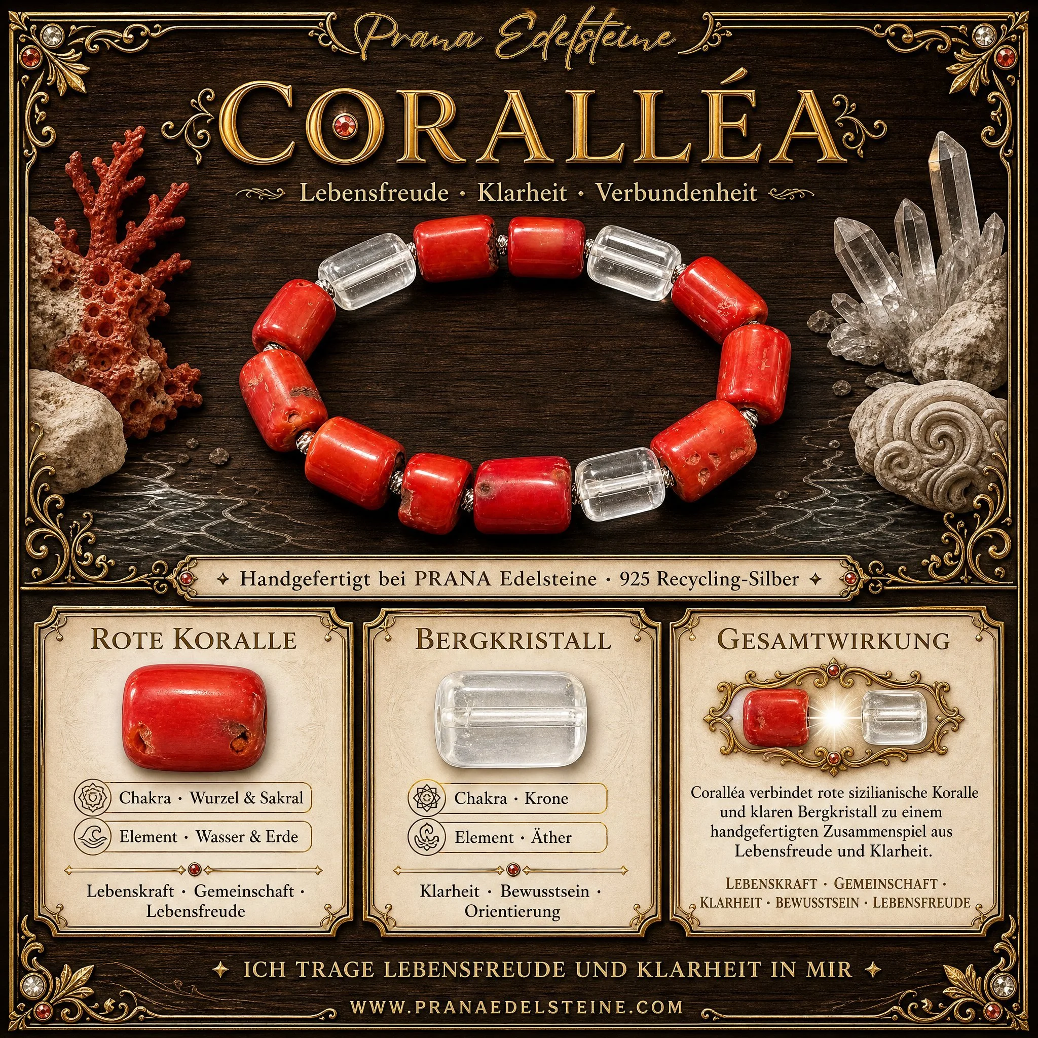 CORALLÉA – Armband mit roter Koralle & Bergkristall - PRANA Edelsteine – Handgefertigter Edelsteinschmuck