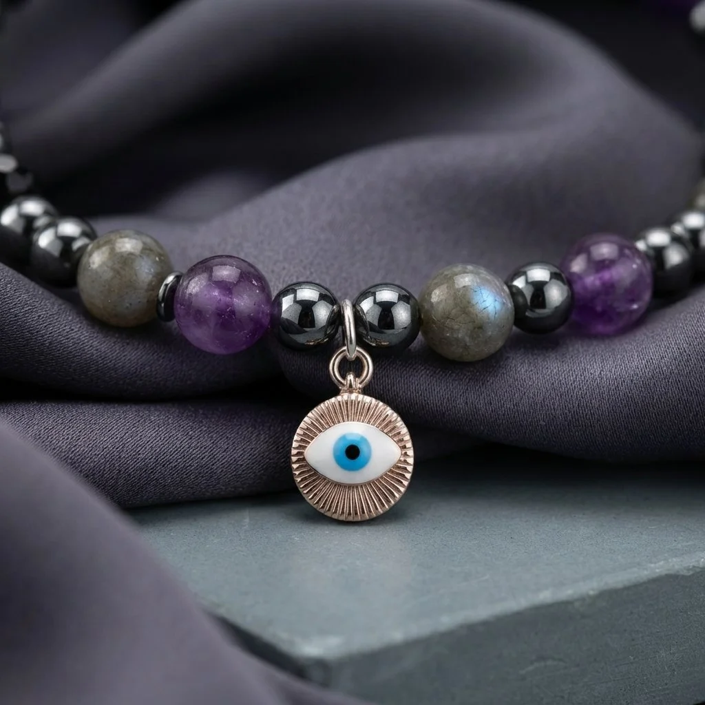 OCULARA SHIELD - Amethyst, Turmalin, Labradorit & Hämatit Nazar Armband - Aura Schild - PRANA Edelsteine – Handgefertigter Edelsteinschmuck