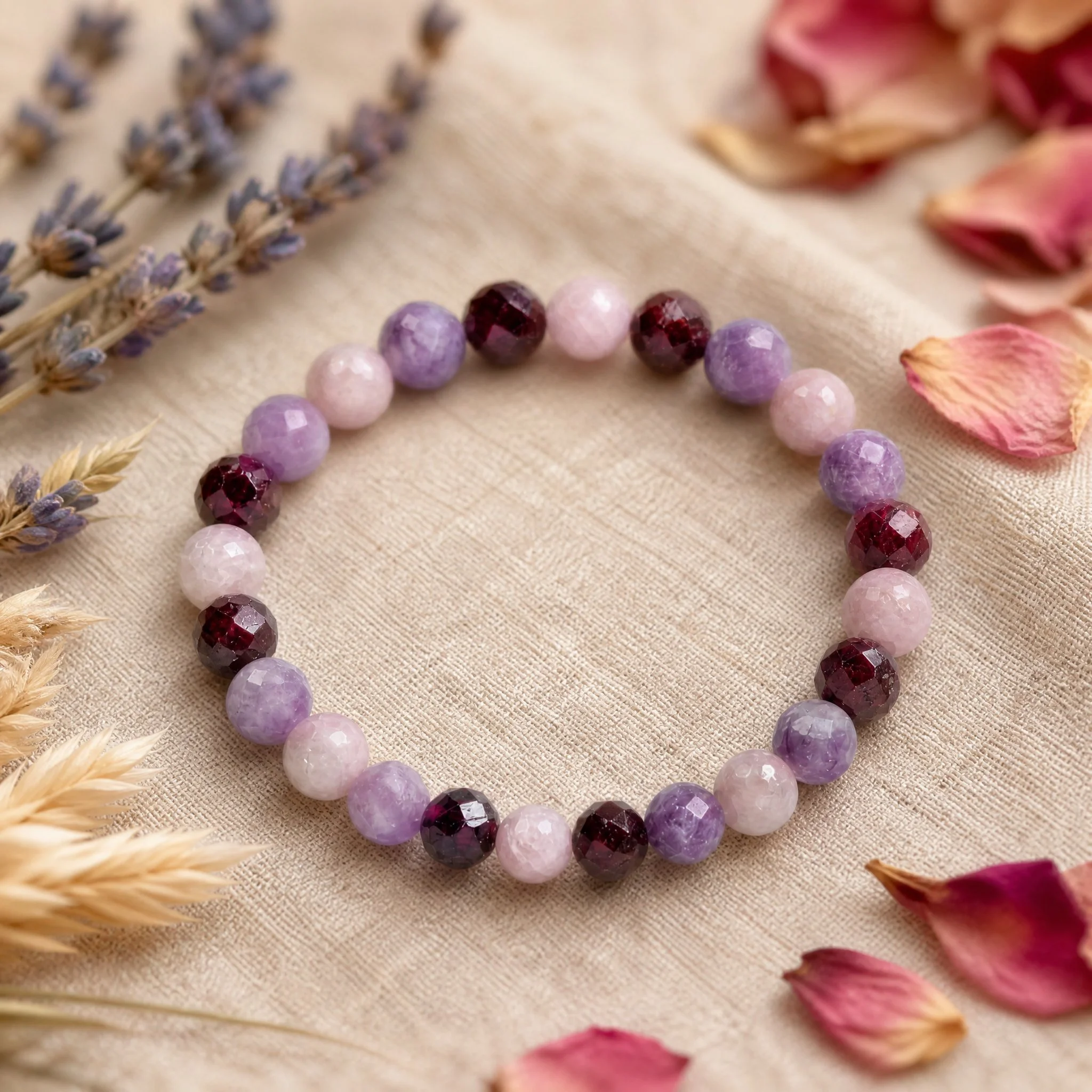 AMARA – Sugilith, Kunzit & facettierter Granat - PRANA Edelsteine – Handgefertigter Edelsteinschmuck