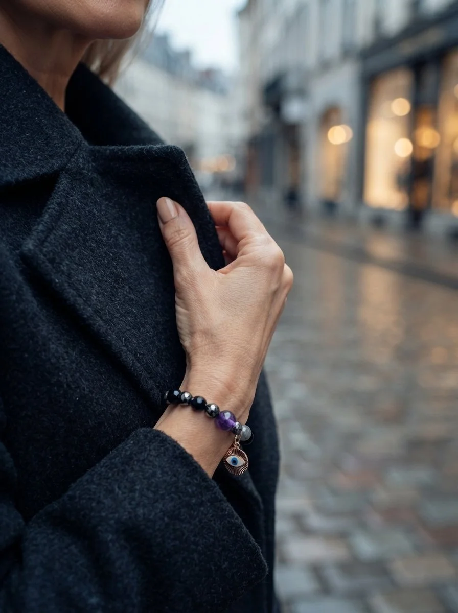 OCULARA SHIELD - Amethyst, Turmalin, Labradorit & Hämatit Nazar Armband - Aura Schild - PRANA Edelsteine – Handgefertigter Edelsteinschmuck