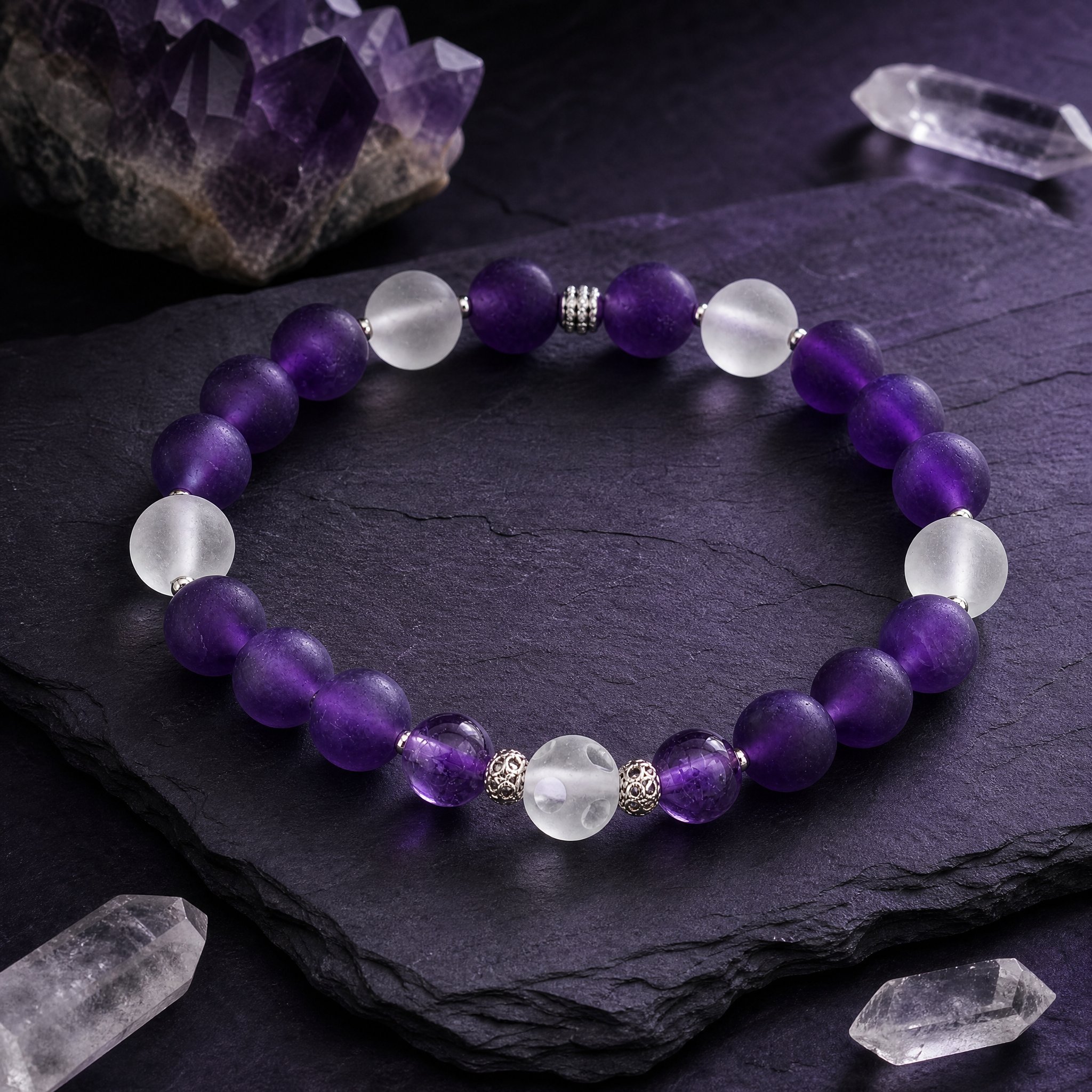 VIORELLA – Edelsteinarmband mit Amethyst & Bergkristall matt - PRANA Edelsteine – Handgefertigter Edelsteinschmuck