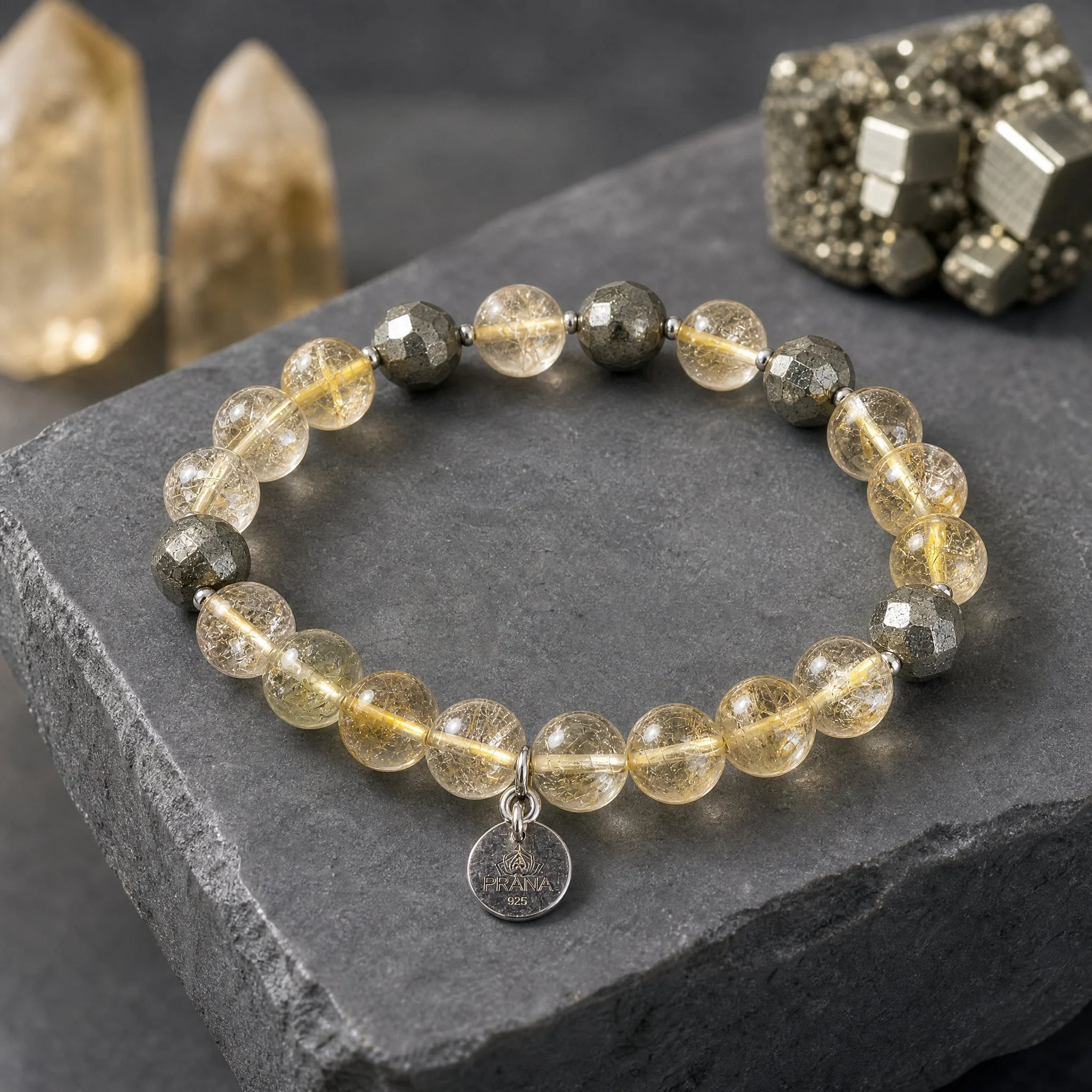 SOLENYA - "Wohlstands-Magnet" Citrin & Pyrit Armband mit 925er Silberdetails - PRANA Edelsteine – Handgefertigter Edelsteinschmuck