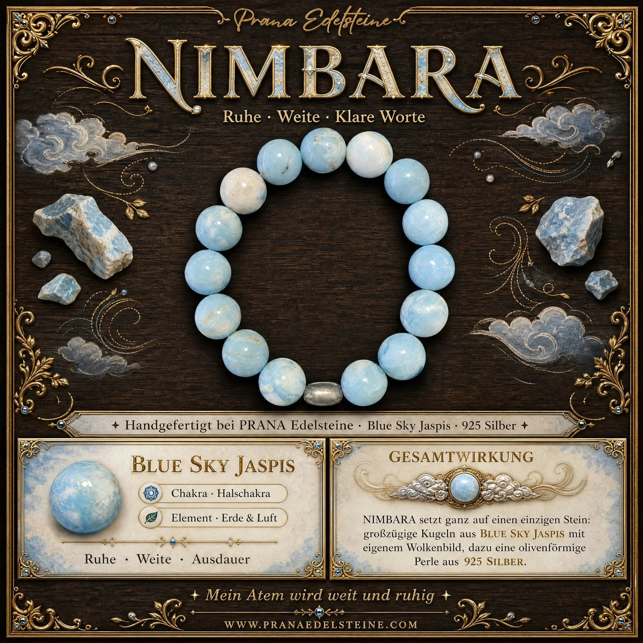 NIMBARA - „Ruhe & Weitblick“ – Blue Sky Jaspis Armband - PRANA Edelsteine – Handgefertigter Edelsteinschmuck