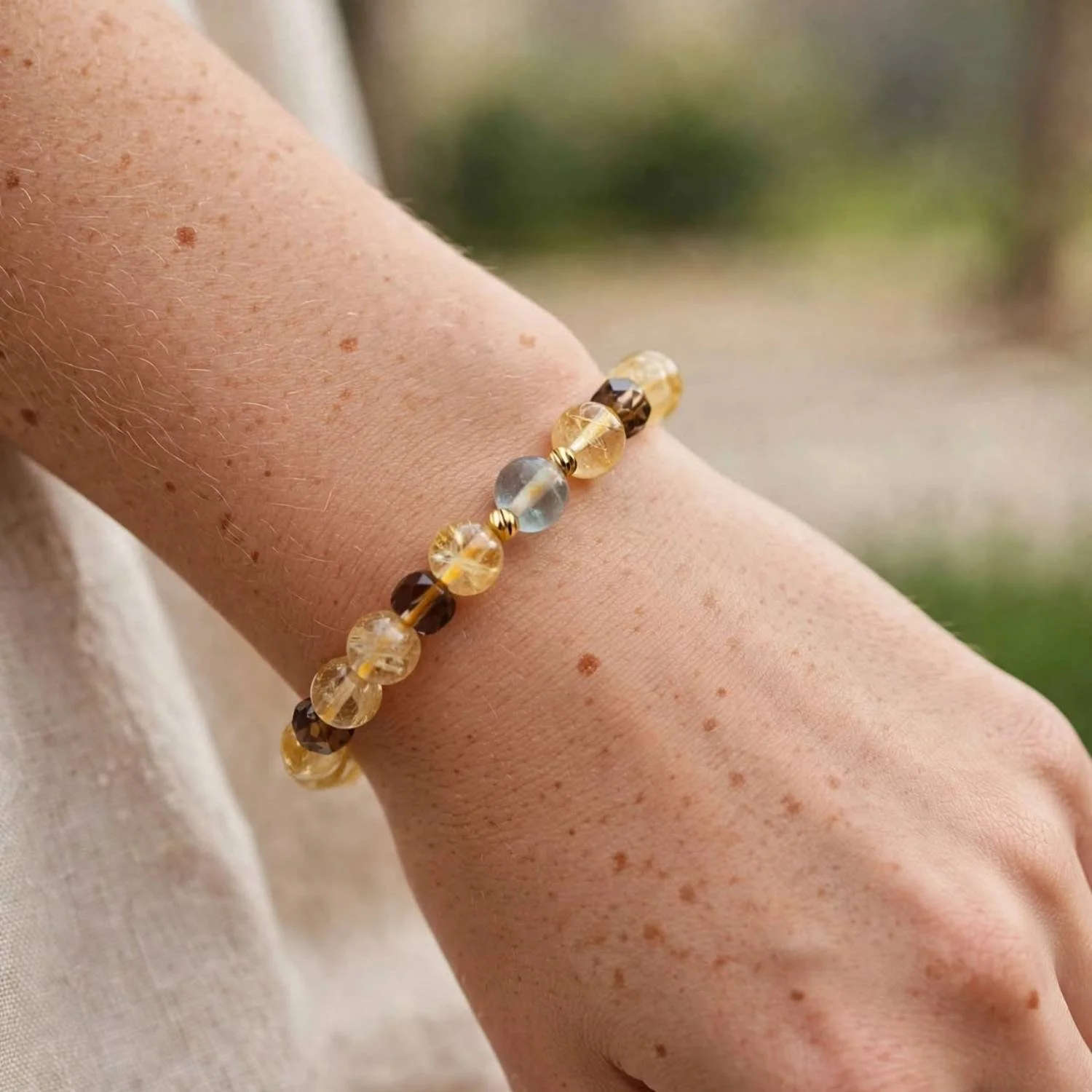 Golden Horizont: Citrin, blauer Fluorit, Rauchquarz Armband - PRANA Edelsteine – Handgefertigter Edelsteinschmuck