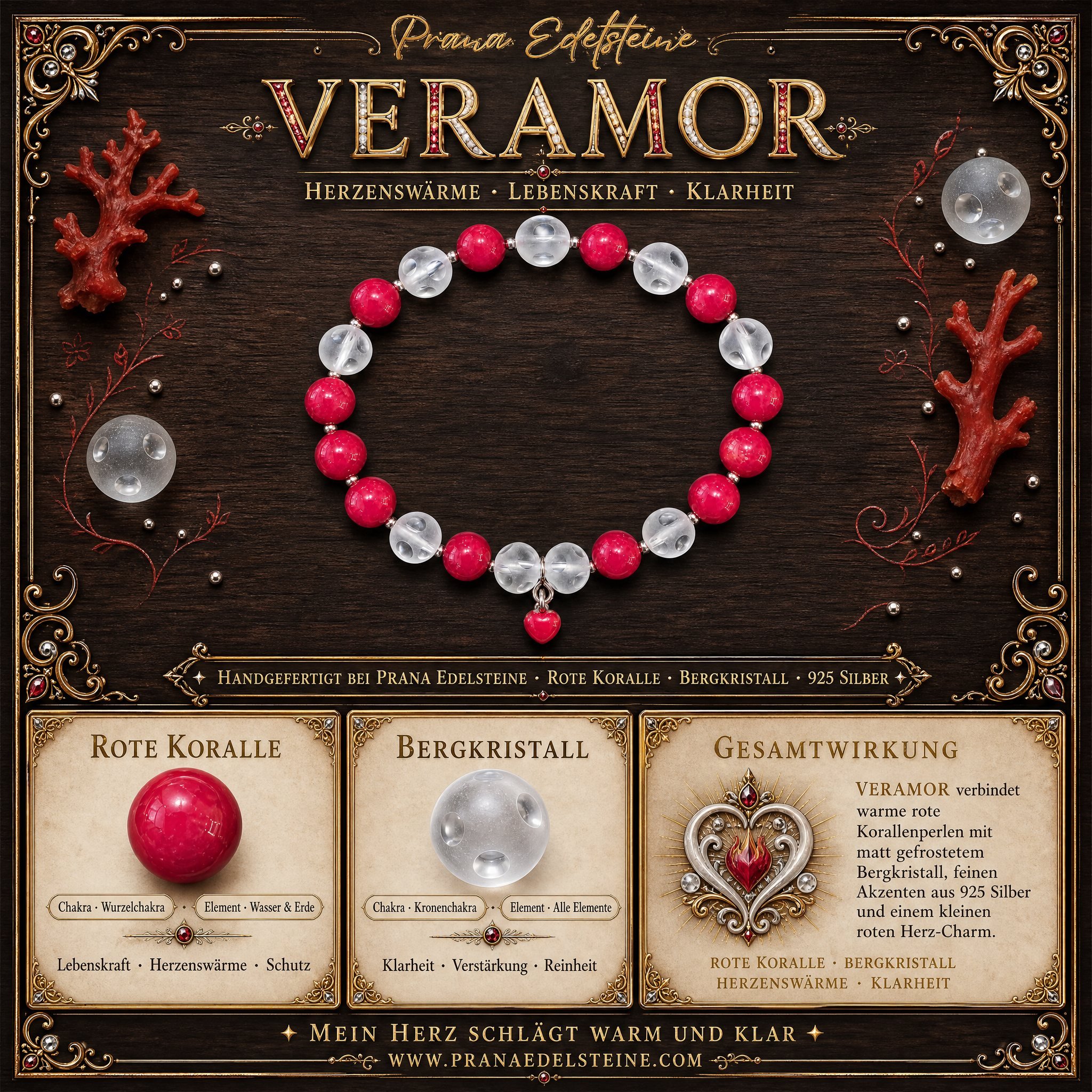 VERAMOR - "Klarheit des Herzens" - Bergkristall & Rote Koralle mit 925er Silber - PRANA Edelsteine – Handgefertigter Edelsteinschmuck