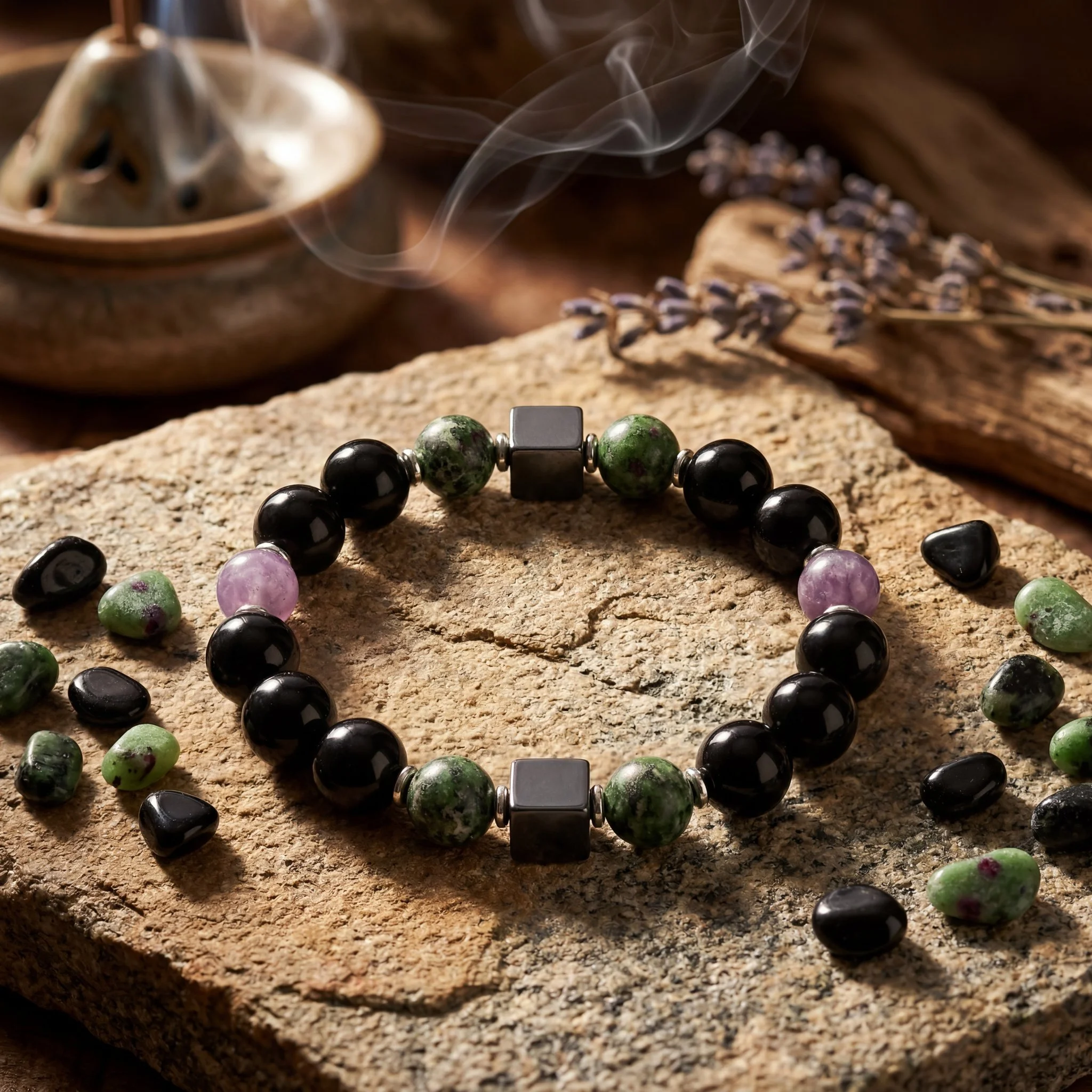 VARON · Obsidian · Chromdiopsid · Lepidolith · Hämatit Würfel · 925 Silber