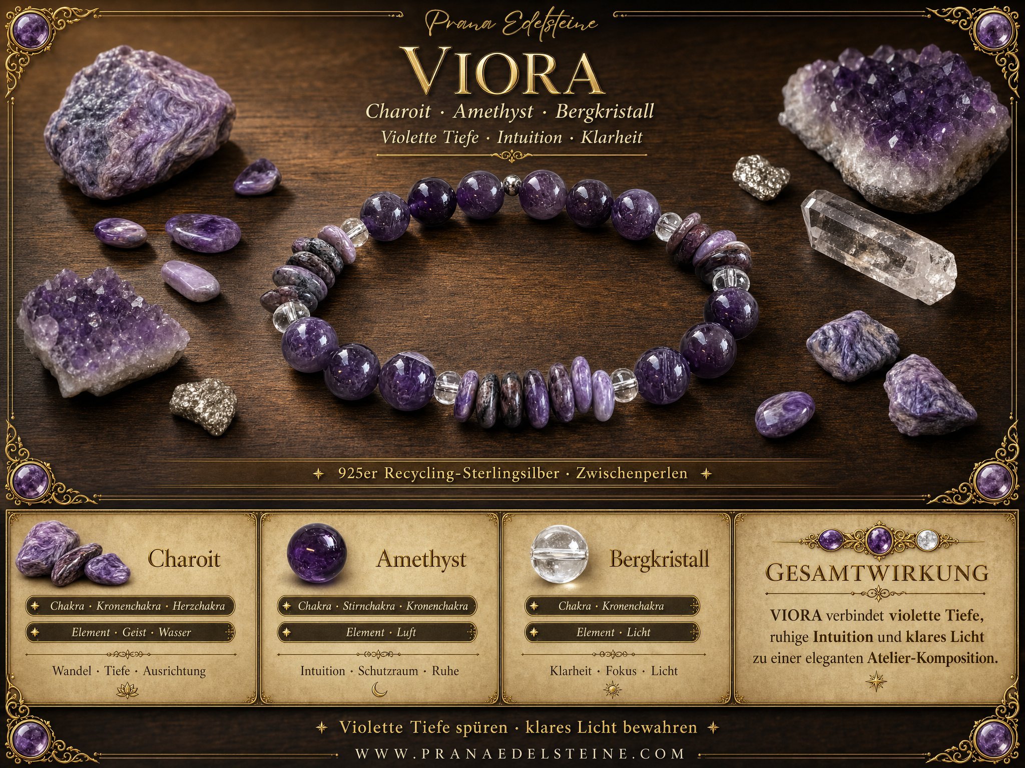 VIORA - Amethyst & Charoit Armband mit Bergkristall (10 mm) „Seelenkraft & Transformation“ - PRANA Edelsteine – Handgefertigter Edelsteinschmuck