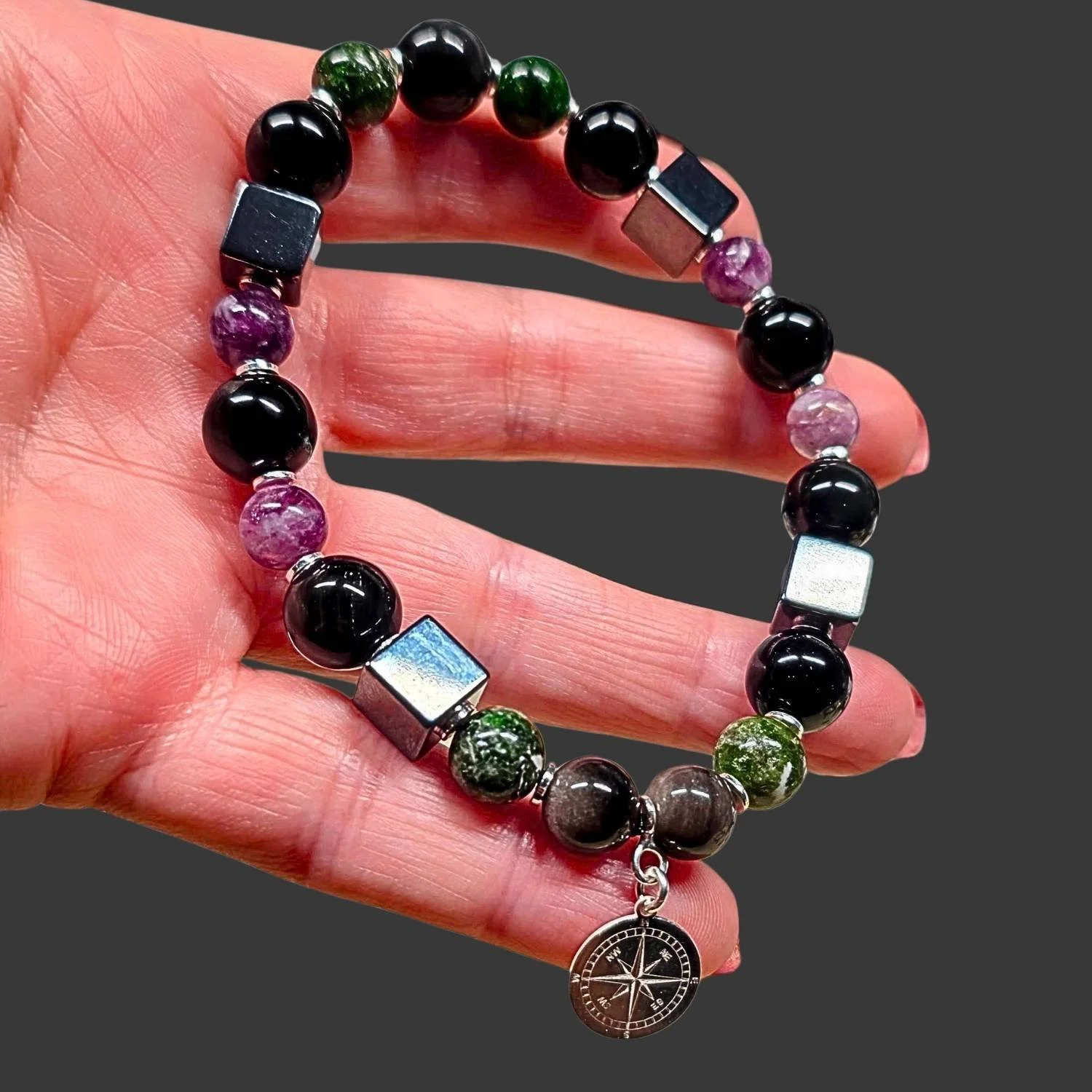 Kompass Noir · Obsidian · Lepidolith · Hämatit · Chromdiopsid · 925 Silber - PRANA Edelsteine – Handgefertigter Edelsteinschmuck