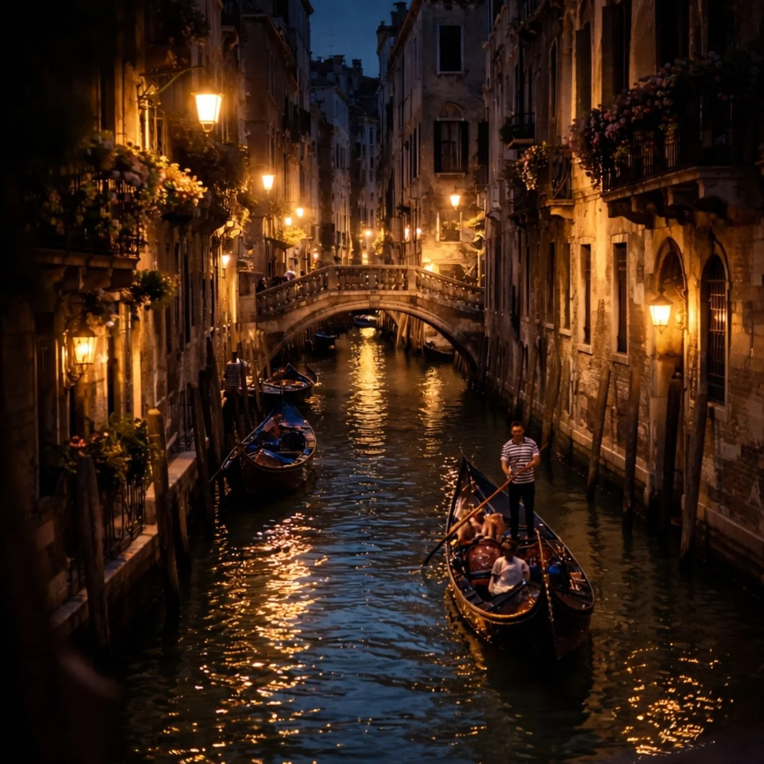 Venedig bei Nacht mit Gondeln im Kanal – Inspiration für Murano Glas Schmuck aus venezianischer Glaskunst