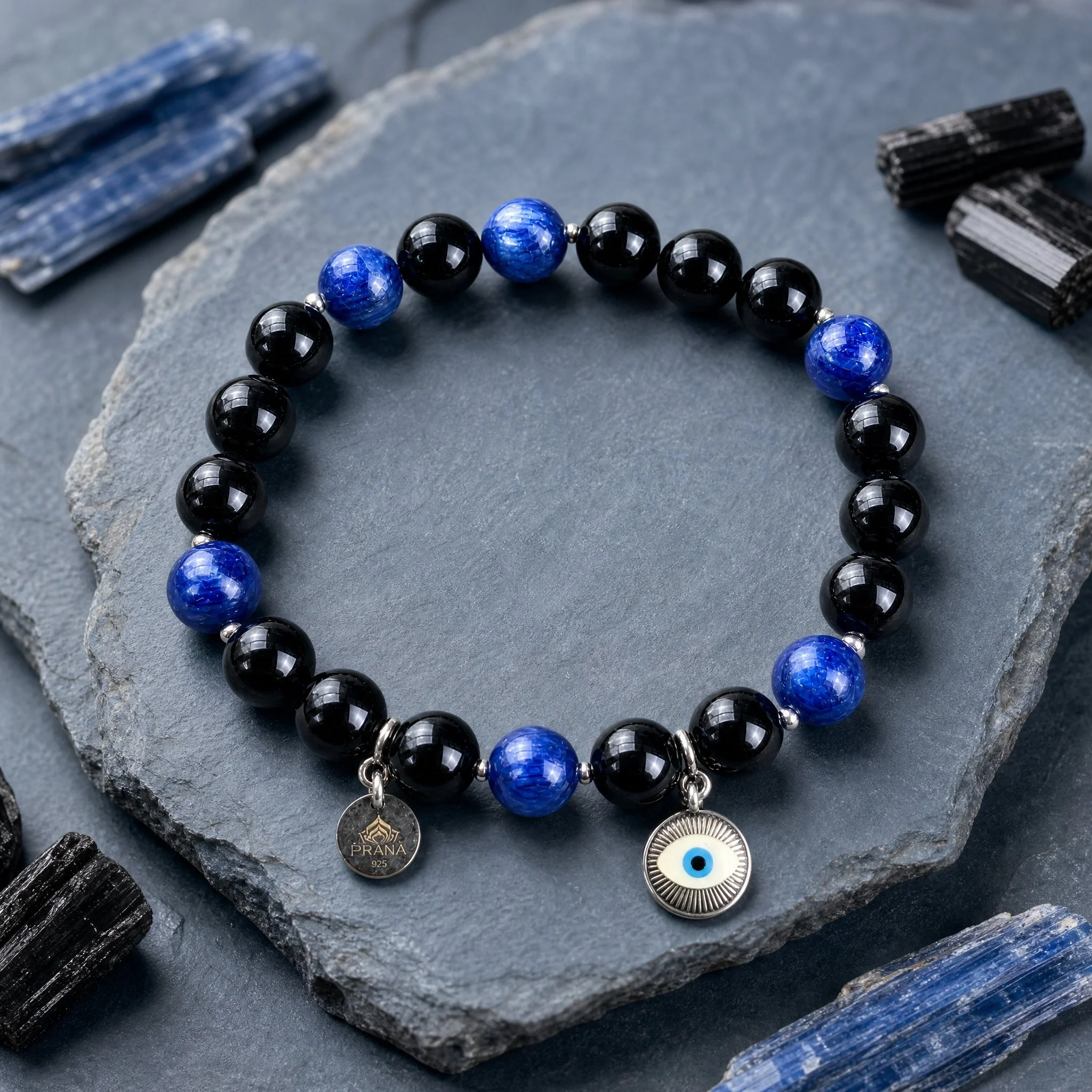 NAZARIS - „Intuition & Klarheit“ – Disthen (Kyanit) & Turmalin Armband mit 925er Silberauge-Symbol - PRANA Edelsteine – Handgefertigter Edelsteinschmuck
