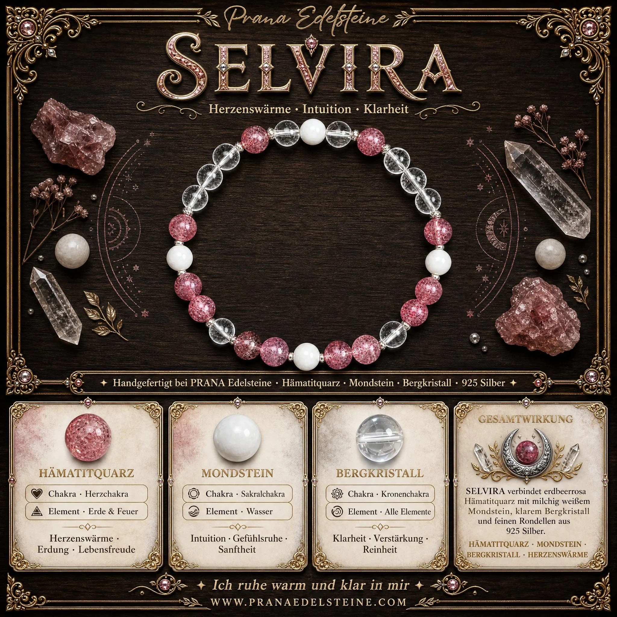 SELVIRA - Hämatitquarz, Mondstein & Bergkristall Armband - Herzensstärke & Klarheit - PRANA Edelsteine – Handgefertigter Edelsteinschmuck