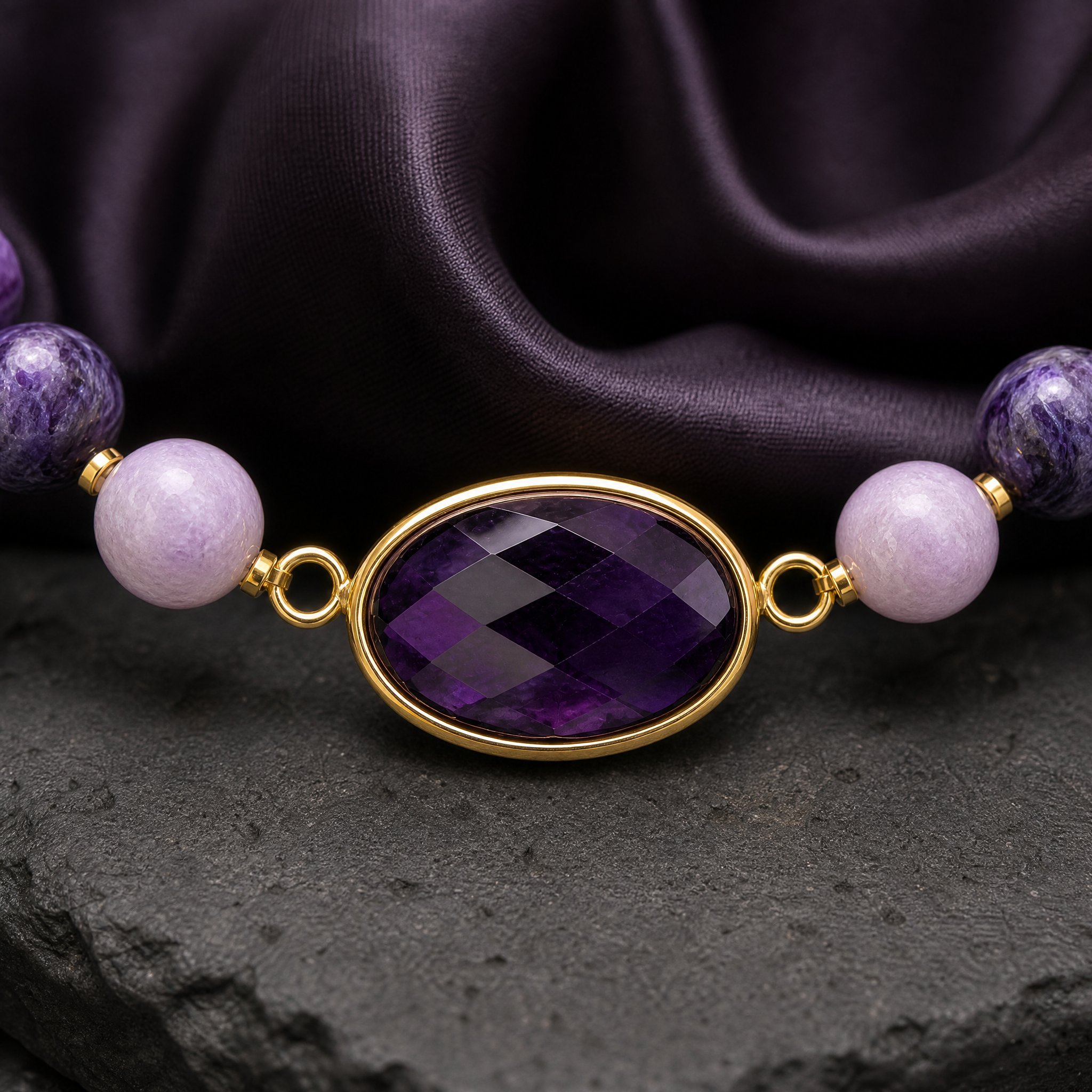 AMETHYRA -Armband mit Kunzit, Charoit & Amethyst | Seltene Kombination für Heilung & Transformation - PRANA Edelsteine – Handgefertigter Edelsteinschmuck