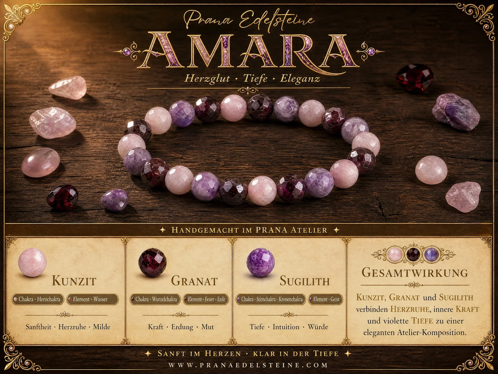 AMARA – Sugilith, Kunzit & facettierter Granat - PRANA Edelsteine – Handgefertigter Edelsteinschmuck