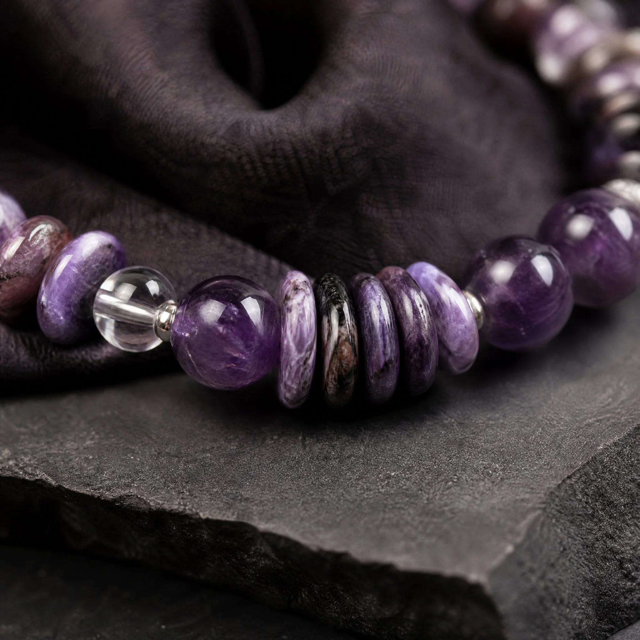 VIORA - Amethyst & Charoit Armband mit Bergkristall (10 mm) „Seelenkraft & Transformation“ - PRANA Edelsteine – Handgefertigter Edelsteinschmuck