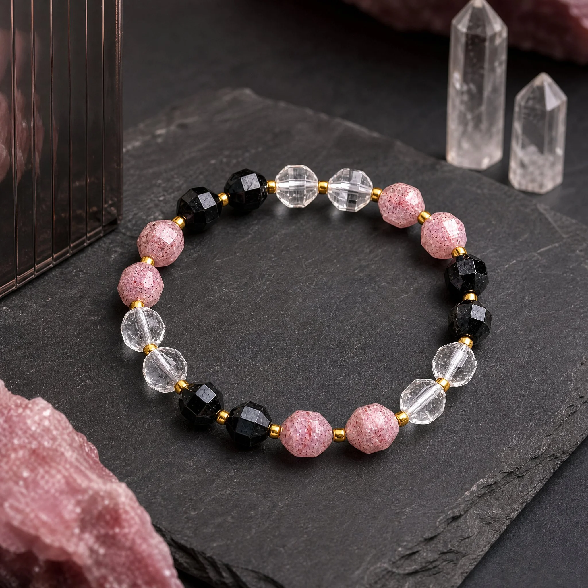 LYSARA - Schwarzer Turmalin, Bergkristall, Erdbeerquarz Armband "Schutz & Herzensklarheit" | Facettierte Rondelle 8mm - PRANA Edelsteine – Handgefertigter Edelsteinschmuck