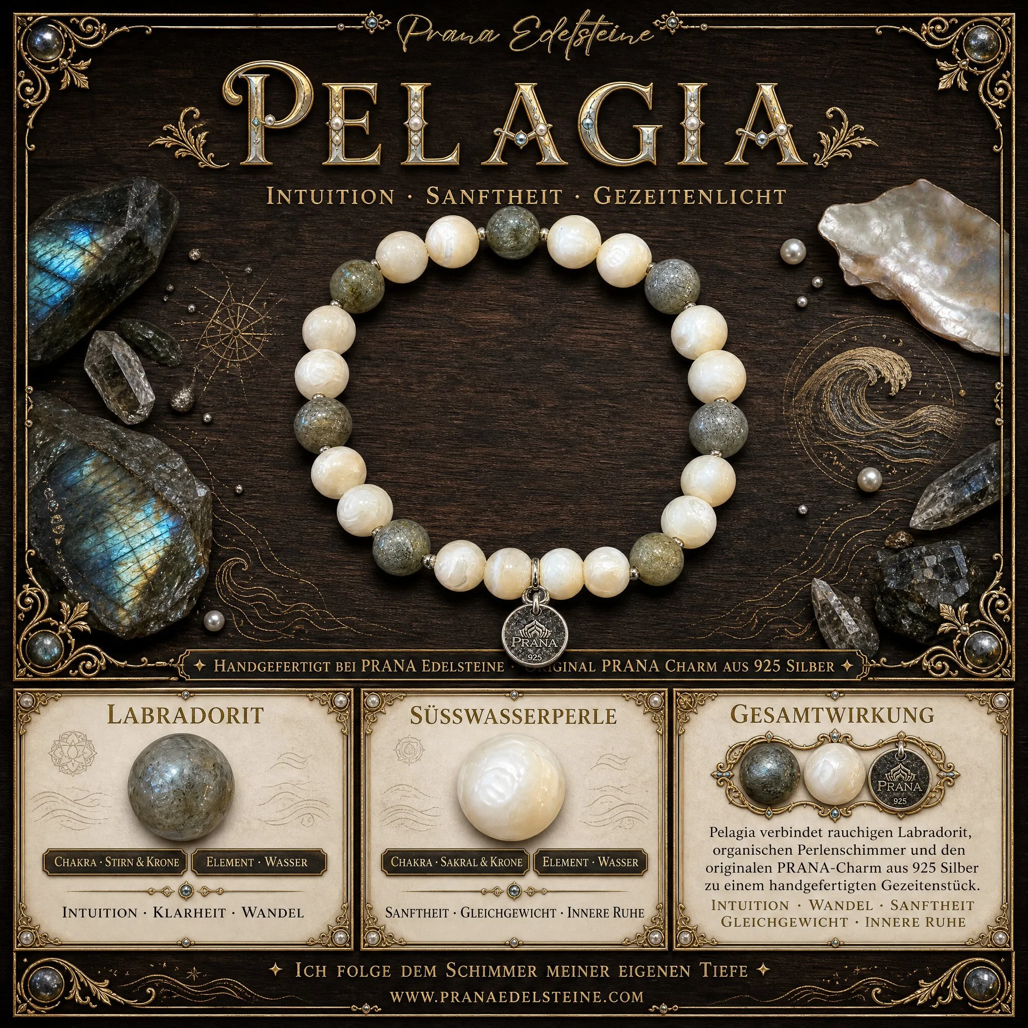 PELAGIA - Nebel & Mond Armband mit Labradorit & Süßwasserperlen, 925 Silber - PRANA Edelsteine – Handgefertigter Edelsteinschmuck