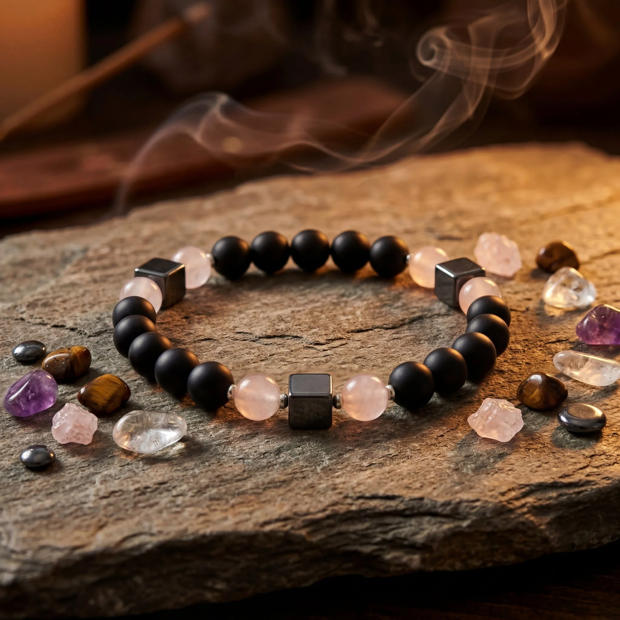 NOIR ROSA · Achat matt · Rosenquarz · Hämatit Würfel · 925 Silber - PRANA Edelsteine – Handgefertigter Edelsteinschmuck