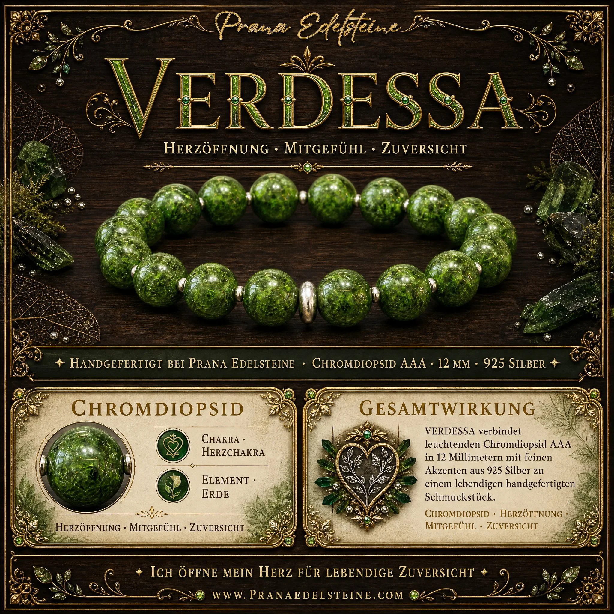 VERDESSA - „Herzöffnung & Naturkraft“ – Armband aus Chromdiopsid 12 mm – AAA Qualität – 925 Silber - PRANA Edelsteine – Handgefertigter Edelsteinschmuck