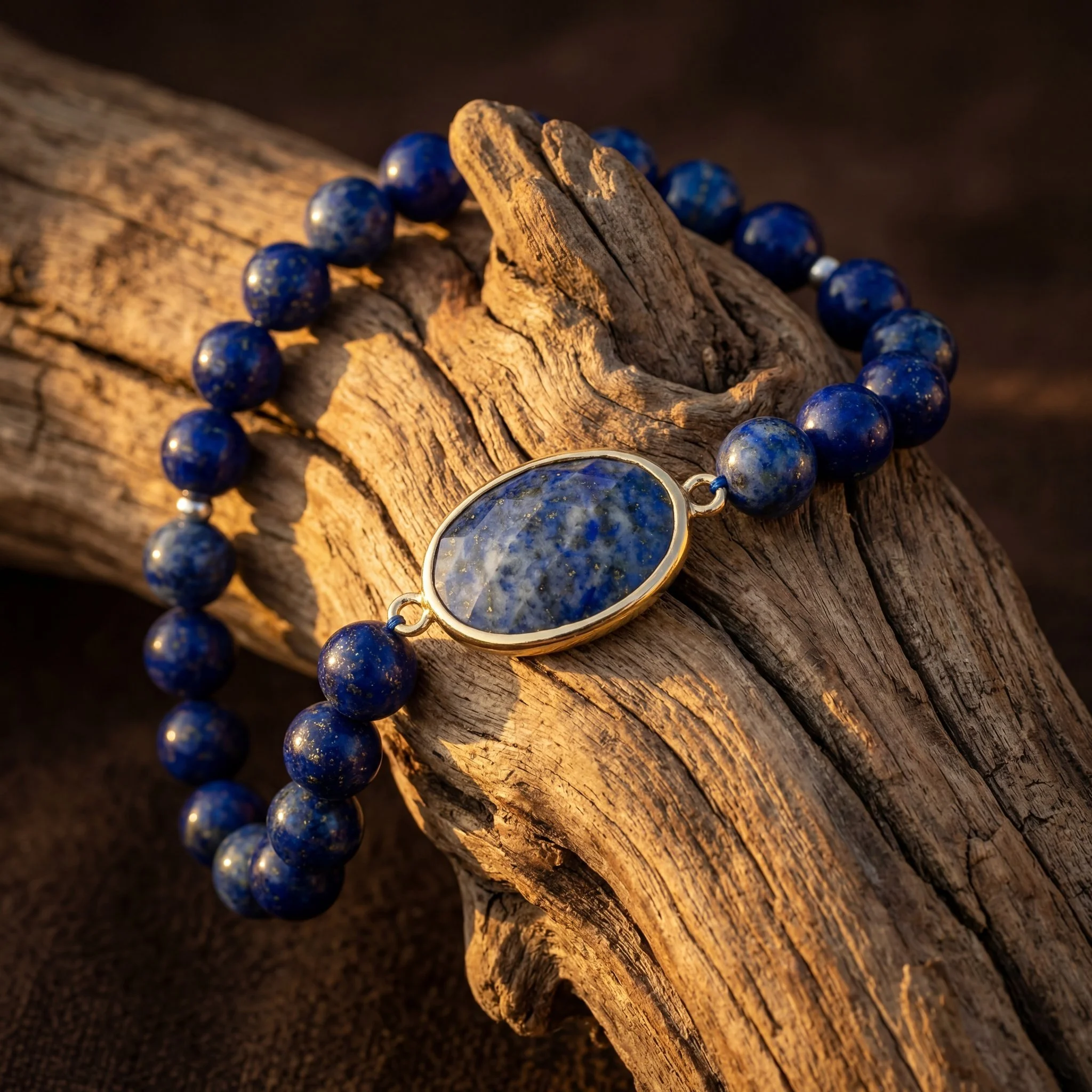 VESPERA – Lapis Lazuli Armband mit vergoldetem Medaillon - PRANA Edelsteine – Handgefertigter Edelsteinschmuck