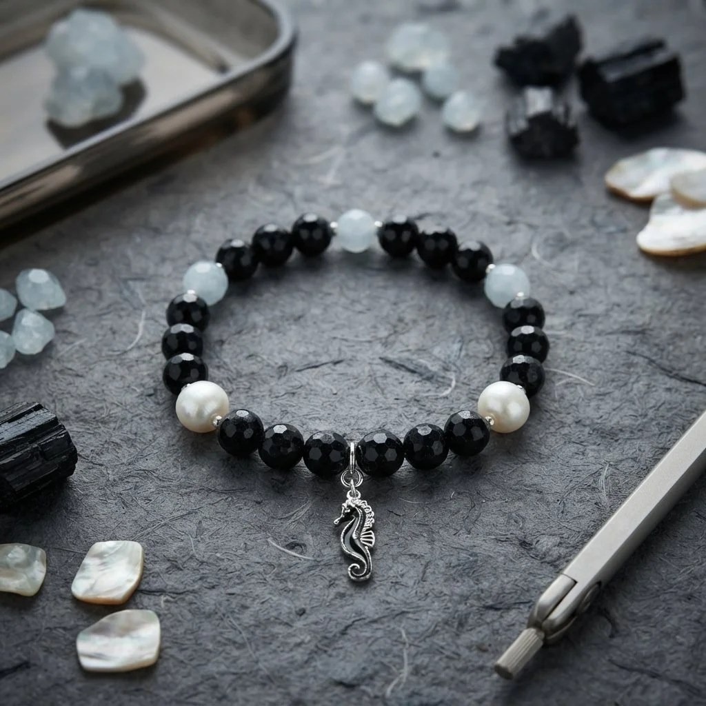 NEREIDA - Turmalin & Perlen Armband mit emailliertem Seepferdchen | Schutz • Reinheit • Lebensfreude - PRANA Edelsteine – Handgefertigter Edelsteinschmuck