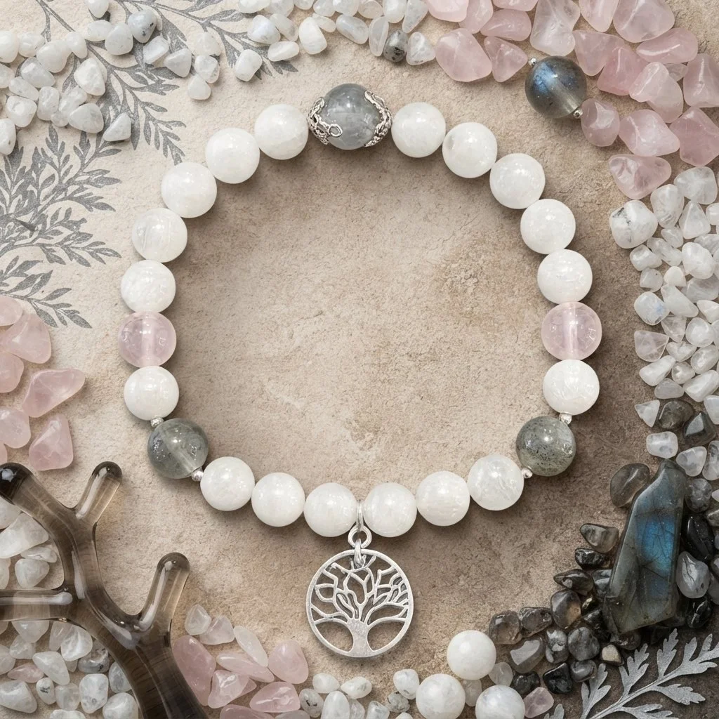 LUNAVERA - Baum des Lichts – Armband mit Mondstein, Labradorit & Rosenquarz (925 Silber) - PRANA Edelsteine – Handgefertigter Edelsteinschmuck