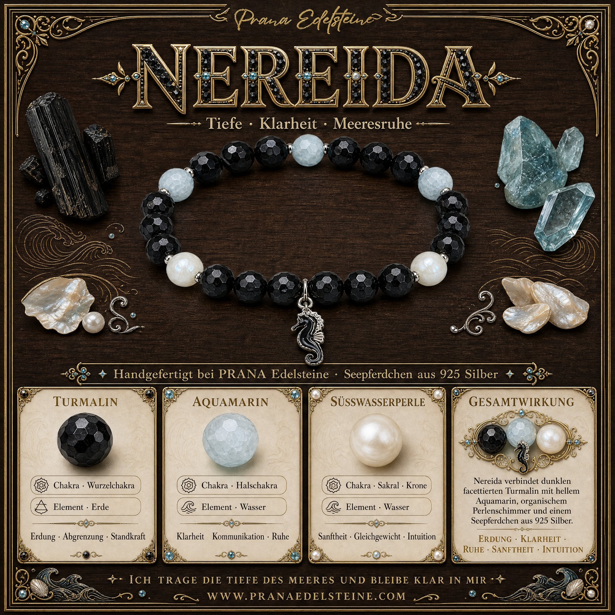 NEREIDA - Turmalin & Perlen Armband mit emailliertem Seepferdchen | Schutz • Reinheit • Lebensfreude - PRANA Edelsteine – Handgefertigter Edelsteinschmuck