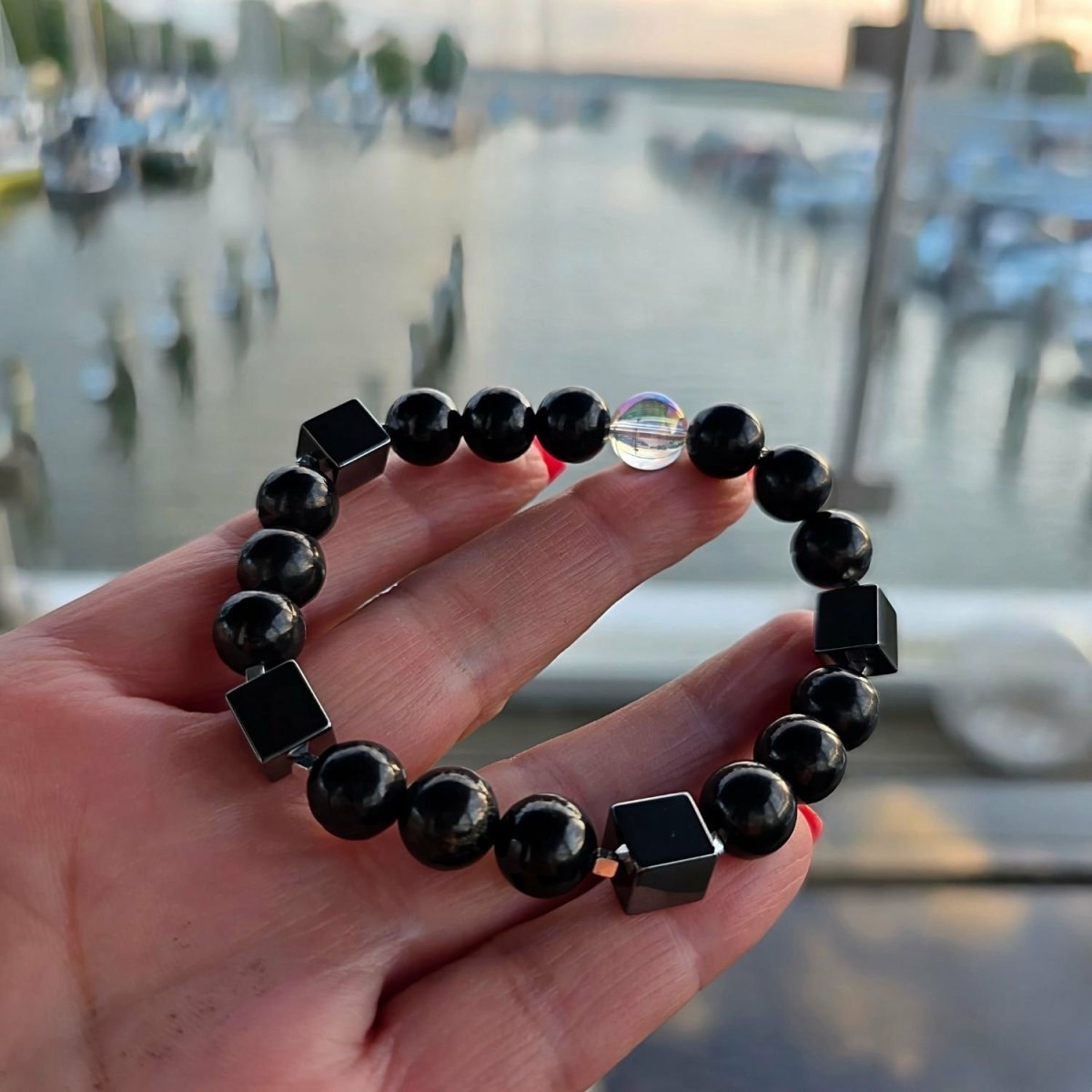 Armband Schungit, Hämatit & Angel Aura - bei Elektrosmog - PRANA Edelsteine – Handgefertigter Edelsteinschmuck