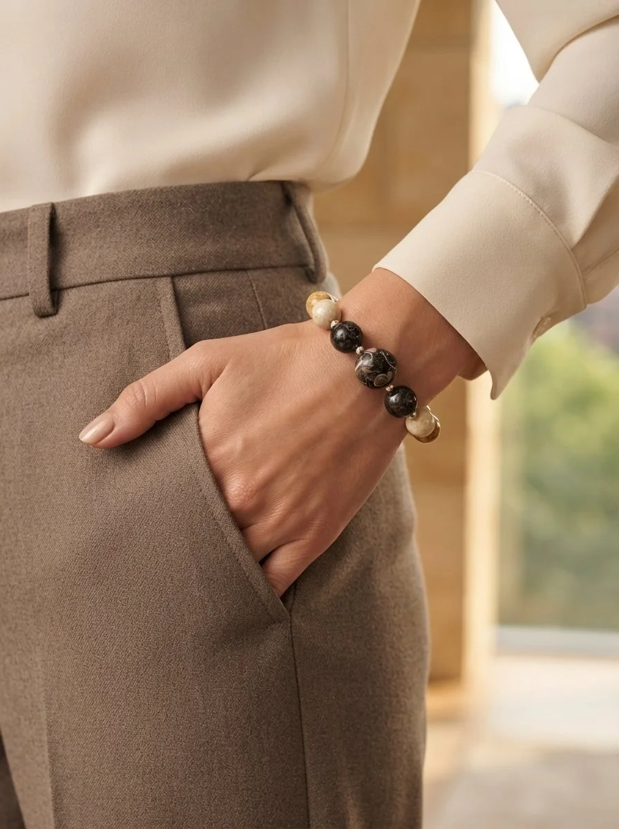 TERRAVA - "Wurzeln der Erde" | Schutz & Stabilität | Versteinertes Holz, Gagat, Turitella Achat, Fossilkoralle | 925 Silber - PRANA Edelsteine – Handgefertigter Edelsteinschmuck