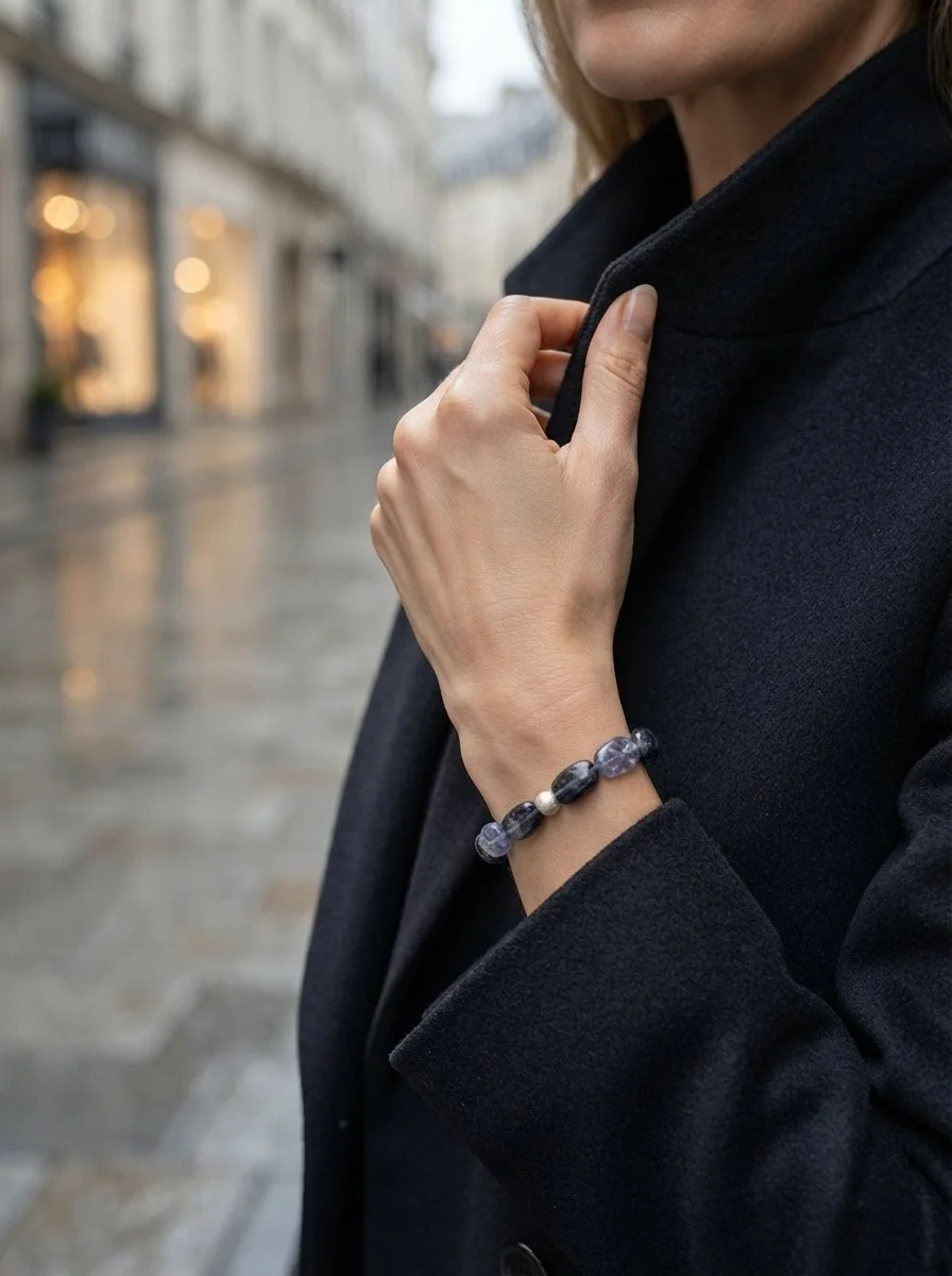 IVORA - „Wegweiser & Intuition“ – Iolith Armband mit Natur-Perlen - PRANA Edelsteine – Handgefertigter Edelsteinschmuck