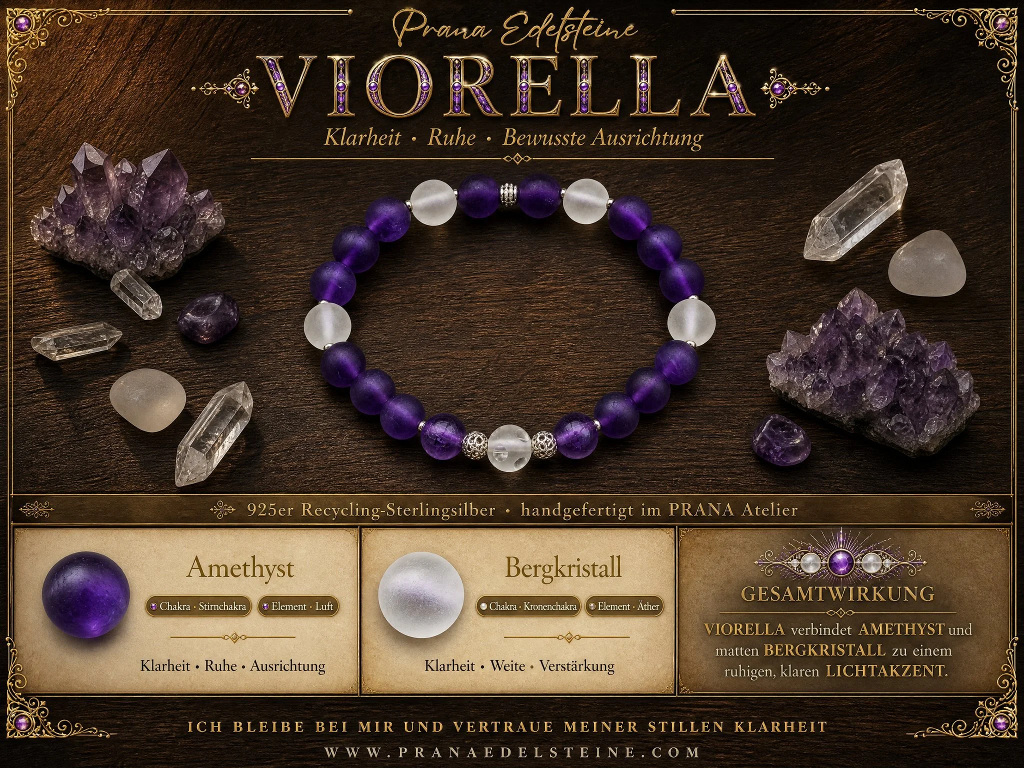 VIORELLA – Edelsteinarmband mit Amethyst & Bergkristall matt - PRANA Edelsteine – Handgefertigter Edelsteinschmuck