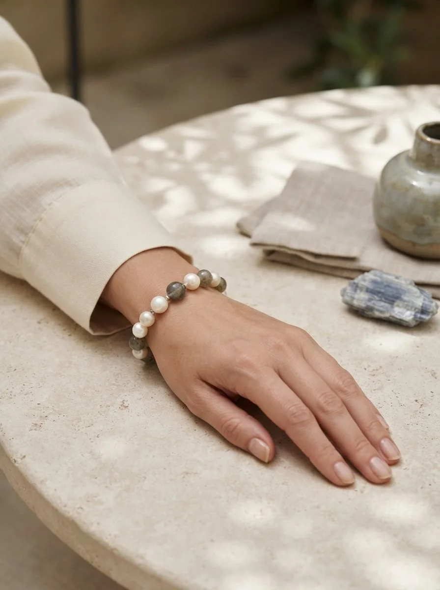 PELAGIA - Nebel & Mond Armband mit Labradorit & Süßwasserperlen, 925 Silber - PRANA Edelsteine – Handgefertigter Edelsteinschmuck