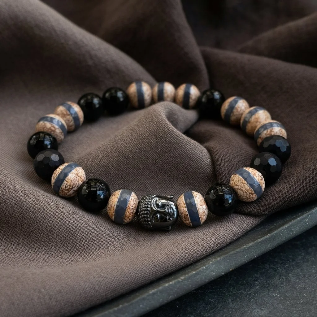 DHARMA · Dzi-Achat · Hämatit Buddha · Onyx graviert · 925 Silber - PRANA Edelsteine – Handgefertigter Edelsteinschmuck