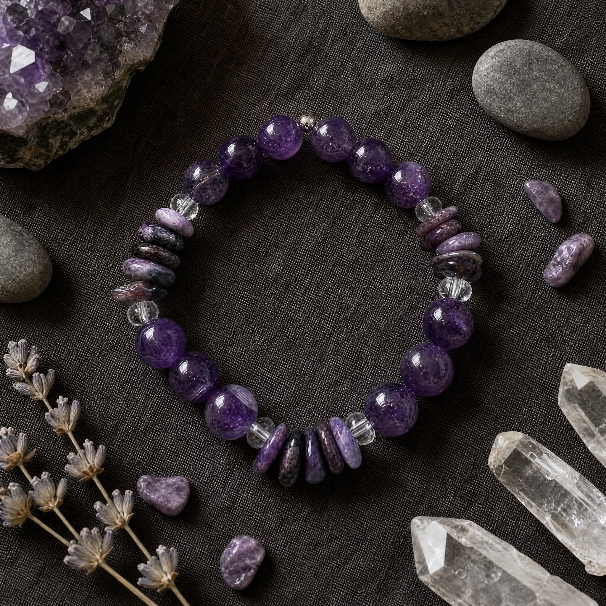 VIORA - Amethyst & Charoit Armband mit Bergkristall (10 mm) „Seelenkraft & Transformation“