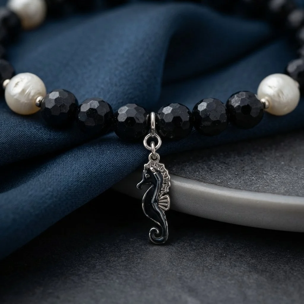 NEREIDA - Turmalin & Perlen Armband mit emailliertem Seepferdchen | Schutz • Reinheit • Lebensfreude - PRANA Edelsteine – Handgefertigter Edelsteinschmuck
