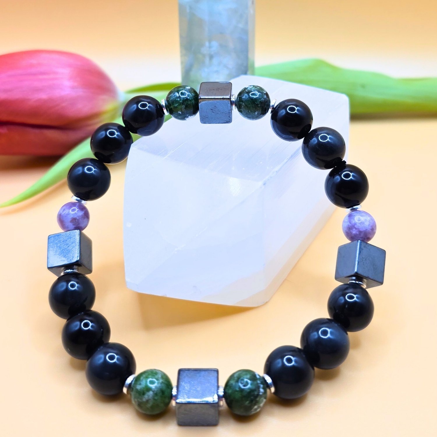 Armband Schutzkraft – Obsidian, Chromdiopsid, Lepidolith & Hämatit | Herren 19 cm