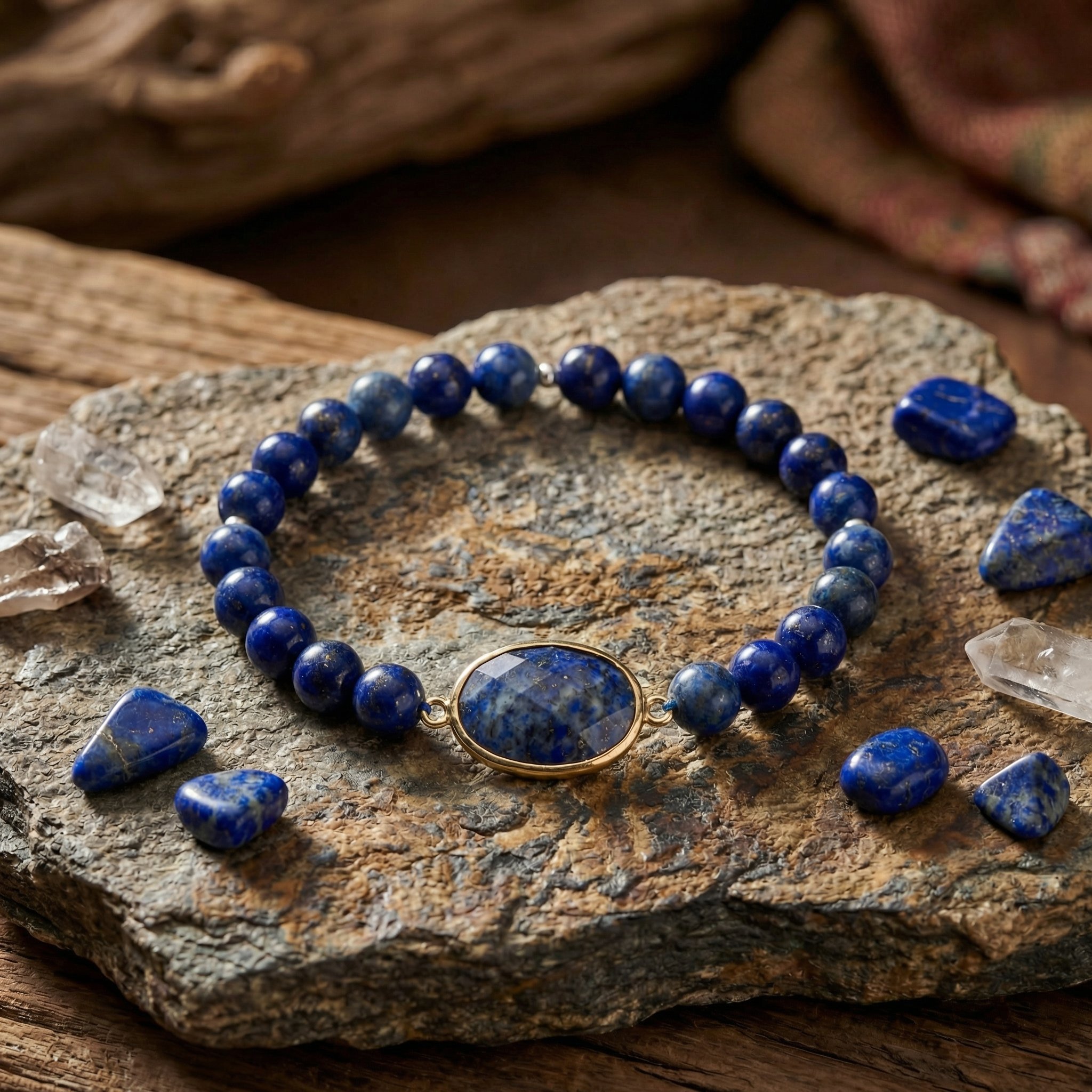 VESPERA – Lapis Lazuli Armband mit vergoldetem Medaillon