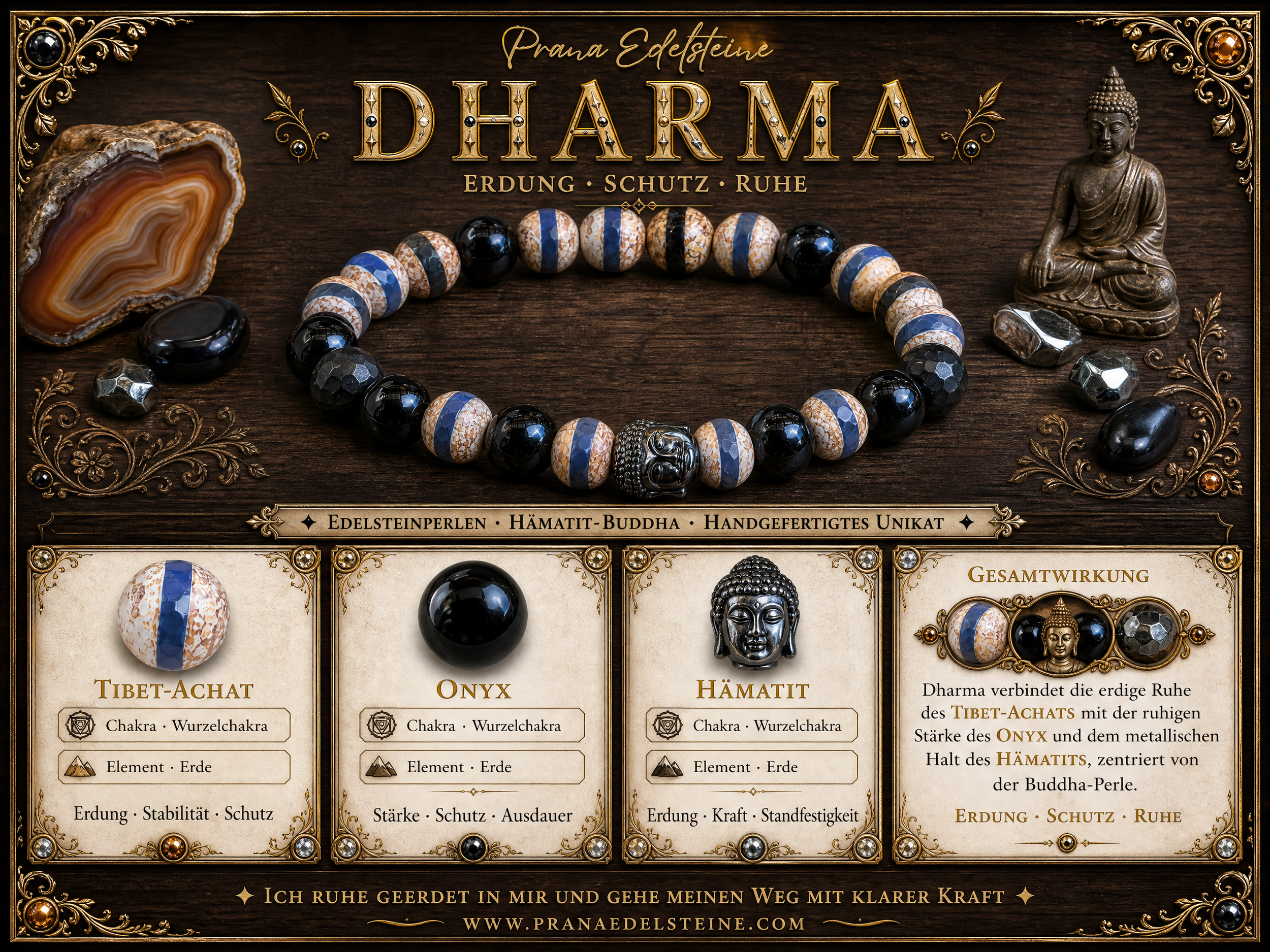 DHARMA · Dzi-Achat · Hämatit Buddha · Onyx graviert · 925 Silber - PRANA Edelsteine – Handgefertigter Edelsteinschmuck